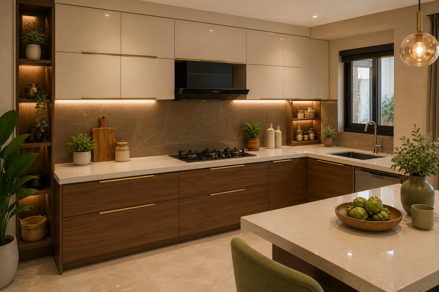 Premium modular kitchen interior showing warm neutral colour trends with ivory upper cabinets walnut lower cabinets taupe backsplash quartz countertop and under cabinet lighting