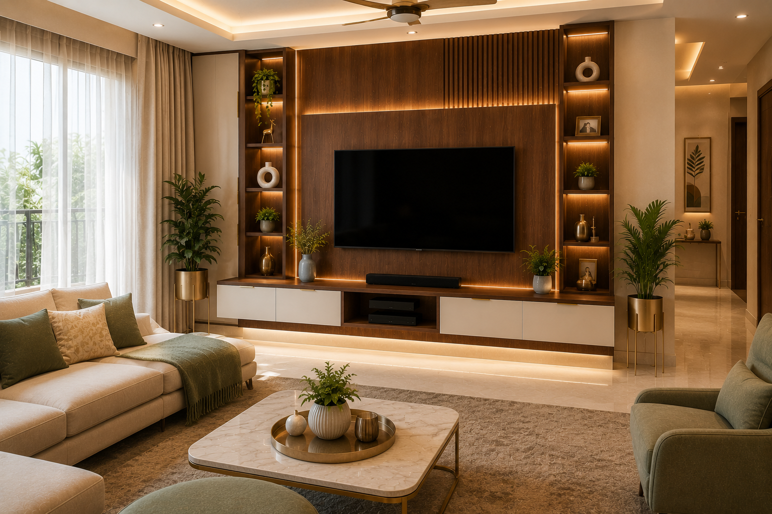 Final modern TV unit living room scene with walnut wood panel ivory floating console closed drawers open display shelves profile lighting indoor plants ivory sofa and sage green cushions