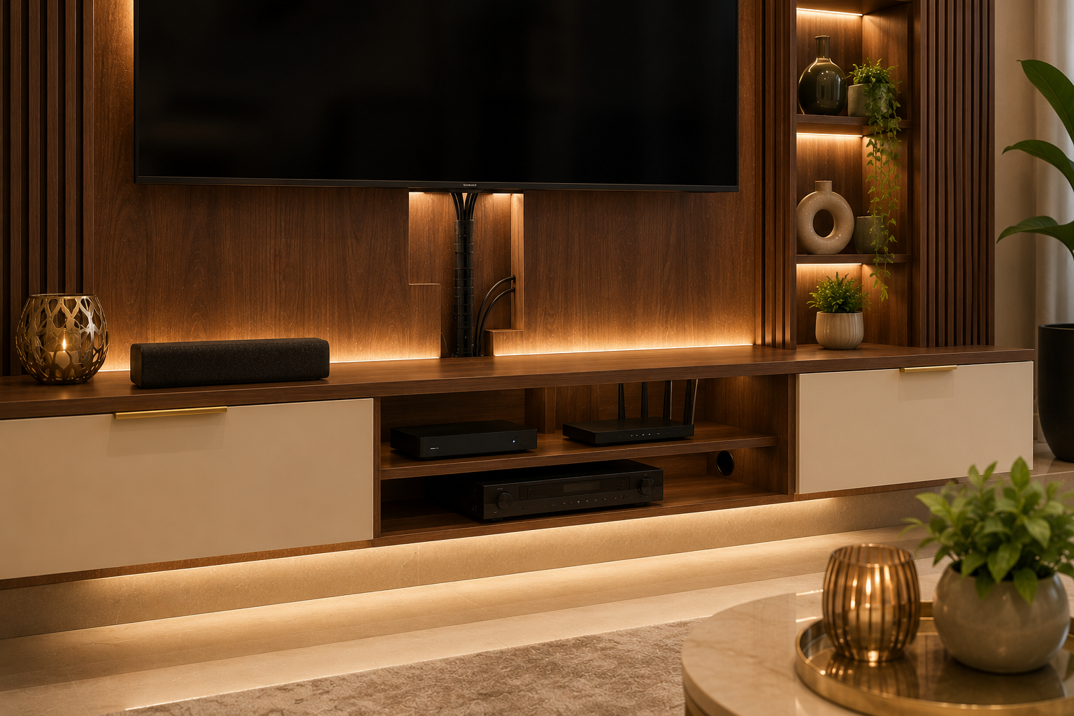Close-up TV unit lighting and wire management scene with hidden cable channel set-top box space router shelf speaker space profile light strip shelf lighting floating console drawer and warm indirect lighting