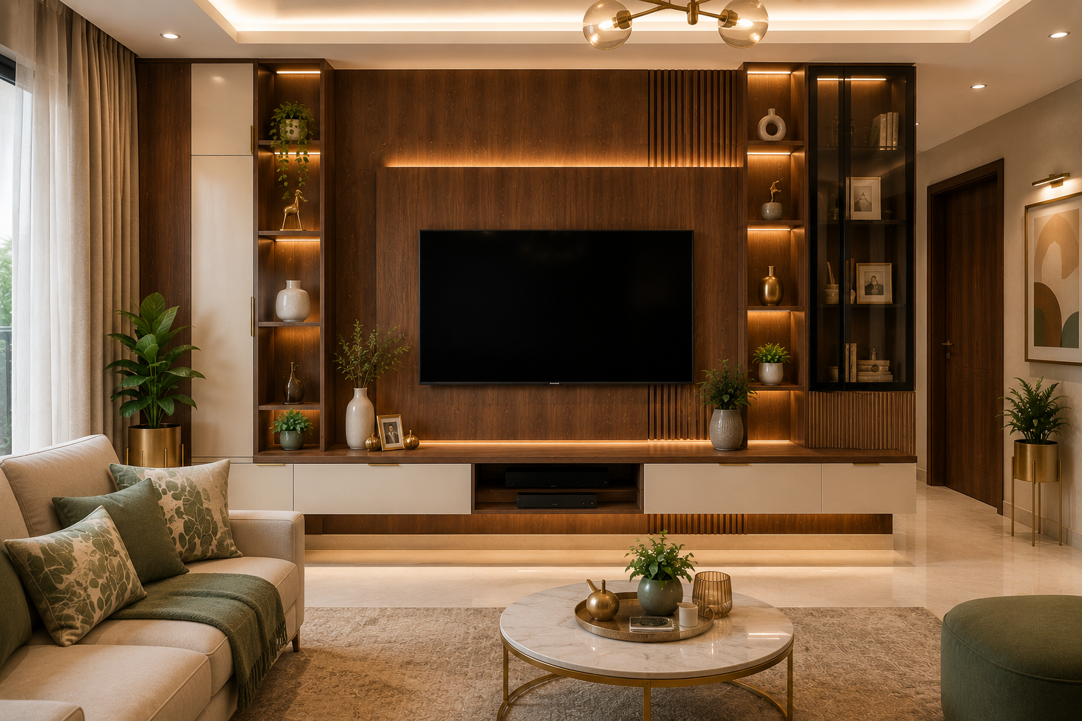 Premium TV wall panel with storage for Indian living room with walnut wood panel ivory closed cabinets floating console side storage open display shelves concealed wires and profile lighting