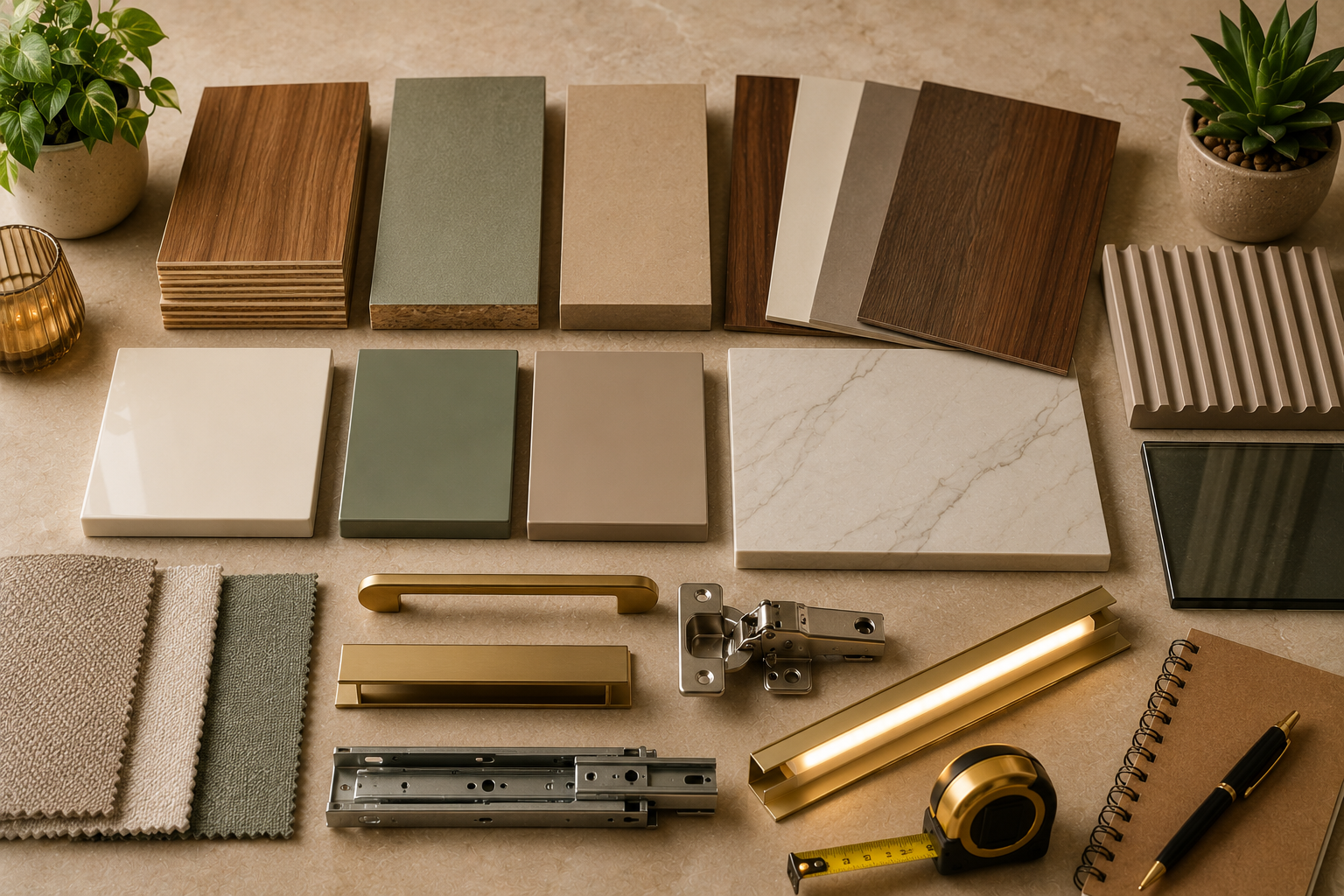 TV unit material and finish mood board with plywood HDHMR MDF laminate walnut veneer PU acrylic fluted panel marble-look stone panel glass brass handle hinge drawer channel and LED profile light