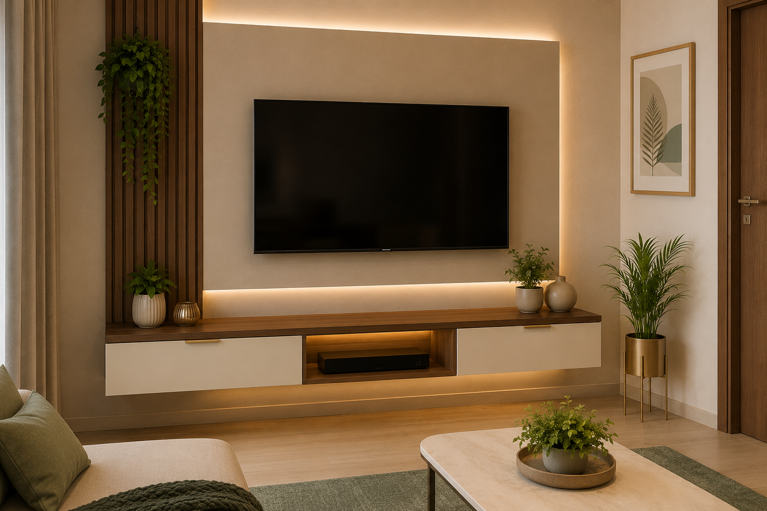 Simple floating TV console design for compact Indian apartment with wall mounted TV ivory and walnut console closed drawers hidden wires and warm profile lighting
