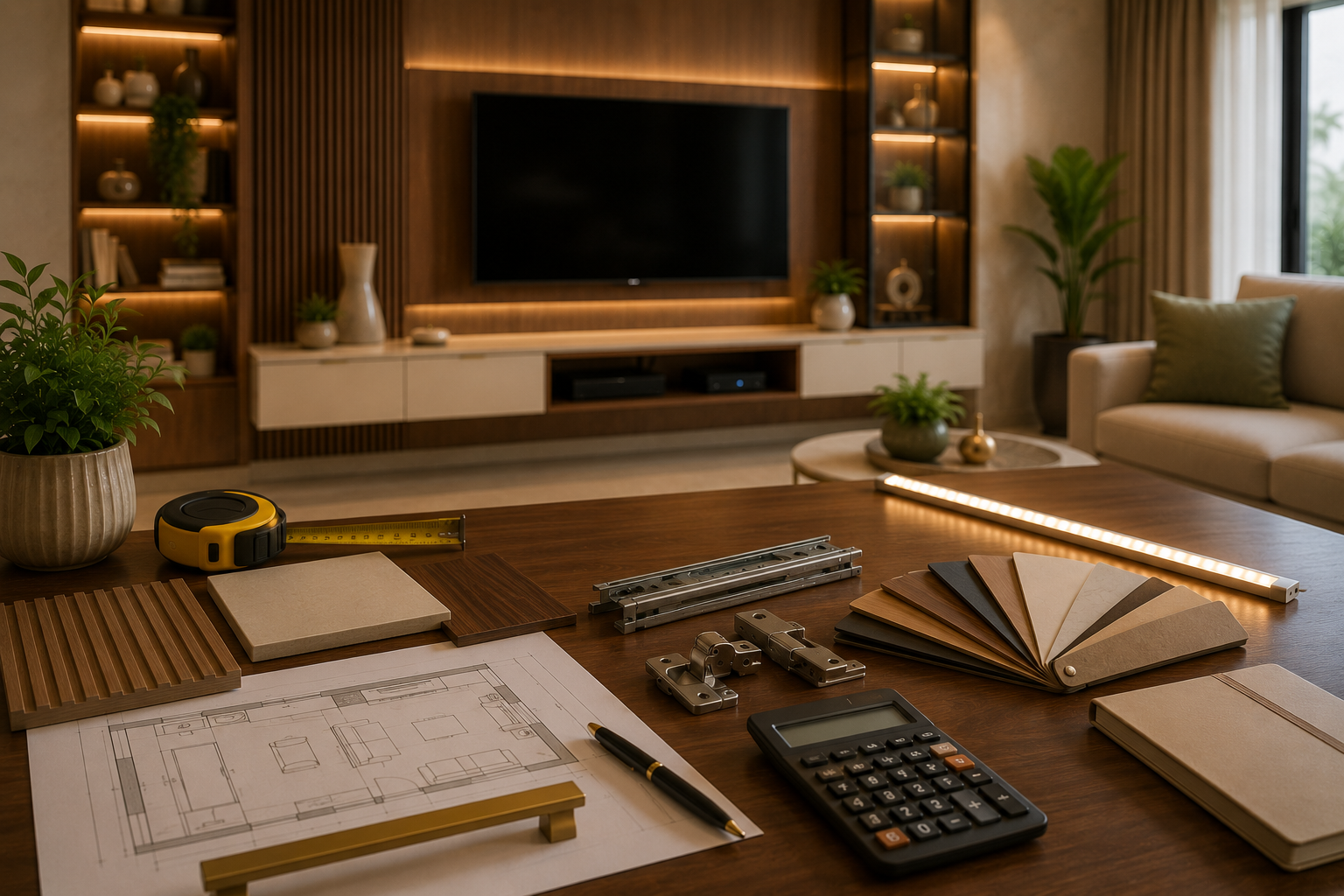 TV unit cost planning scene with living room floor plan measuring tape calculator material samples laminate swatches veneer fluted panel brass handle hinge drawer channel and lighting sample