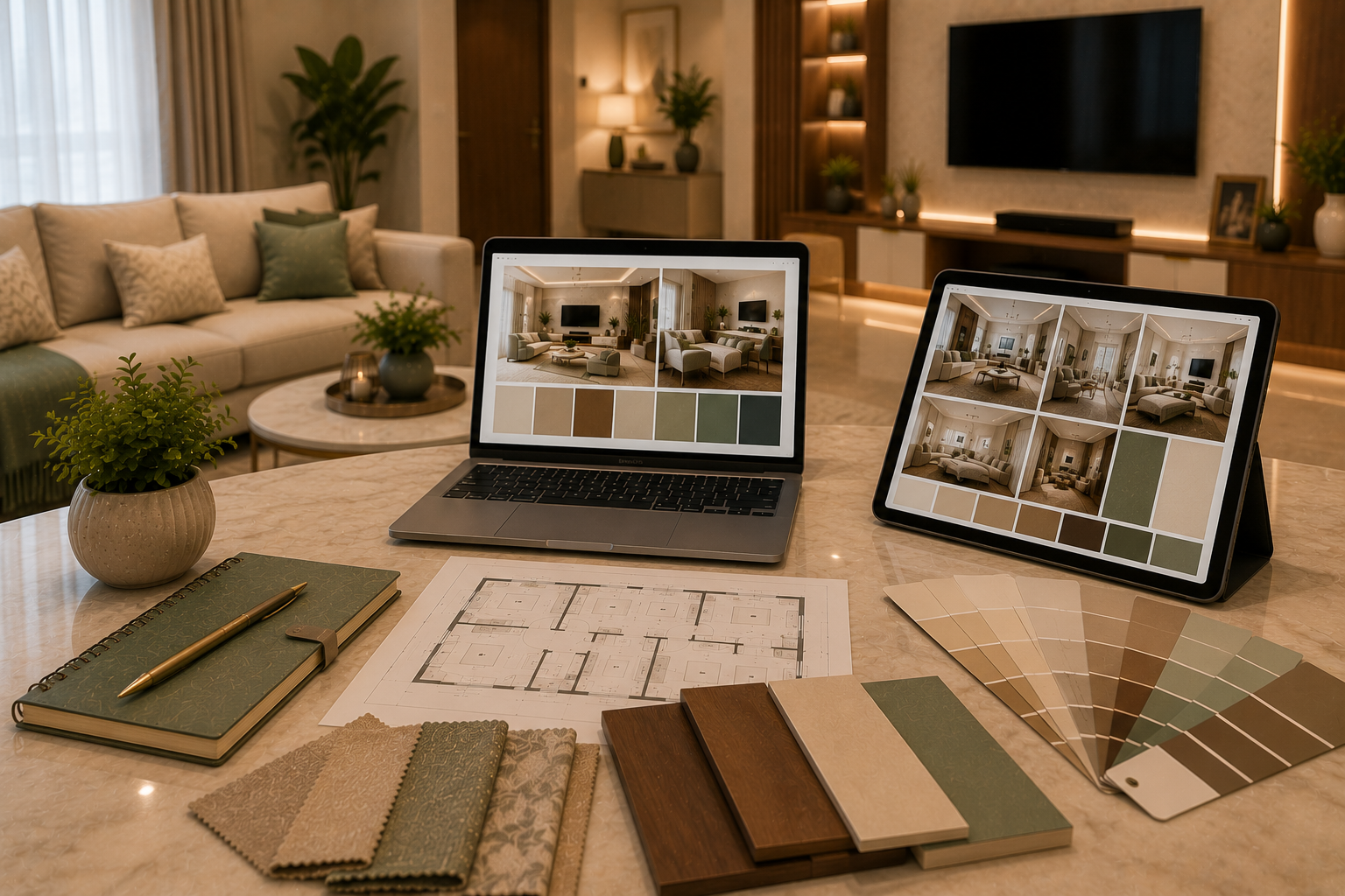 AI interior style discovery scene with laptop tablet abstract mood boards colour palette cards fabric swatches walnut wood ivory laminate sage green sample and modern Indian living room background