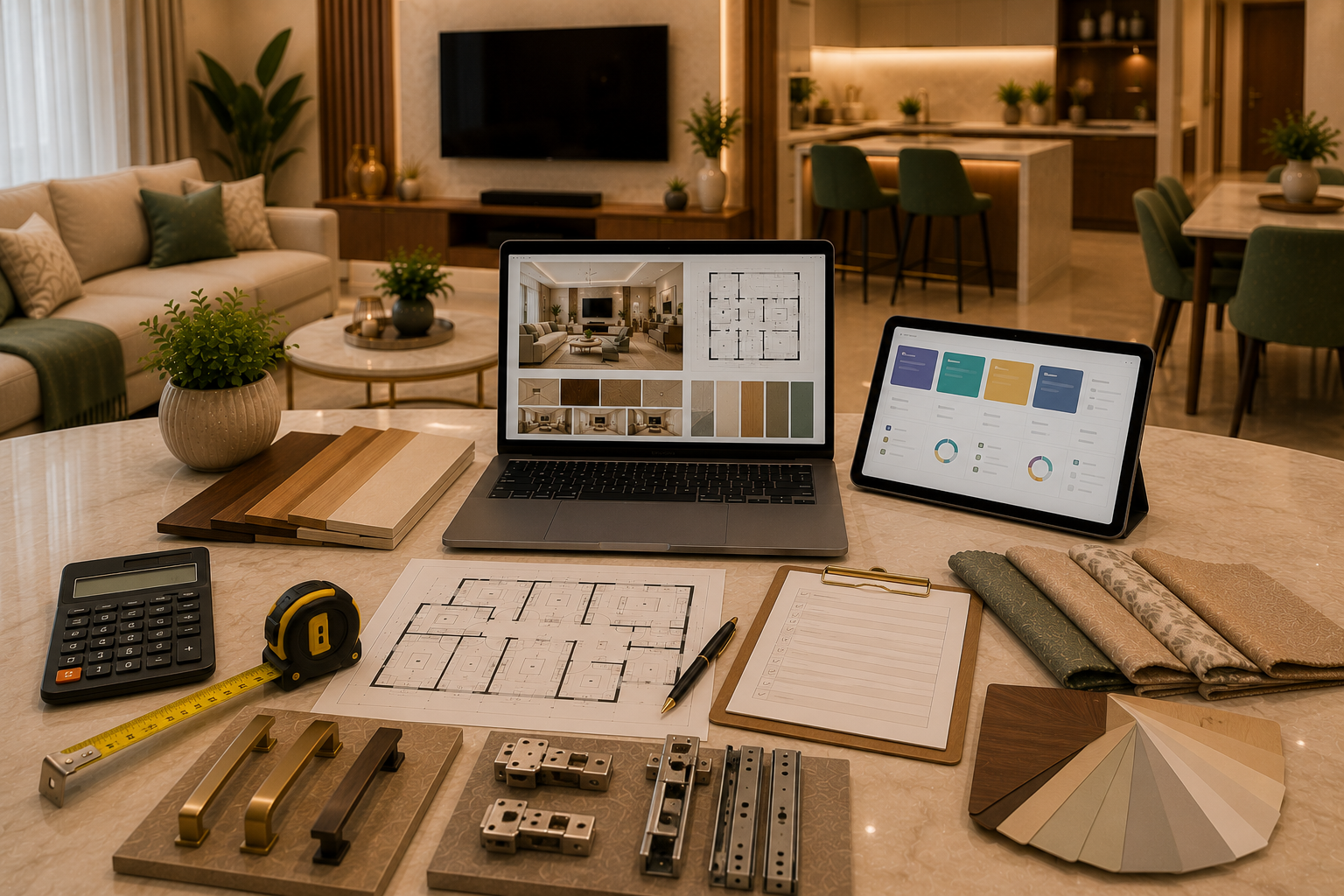 AI interior budget estimate scene with laptop tablet abstract cost estimate cards calculator floor plan measuring tape material samples laminate swatches hardware samples and fabric swatches