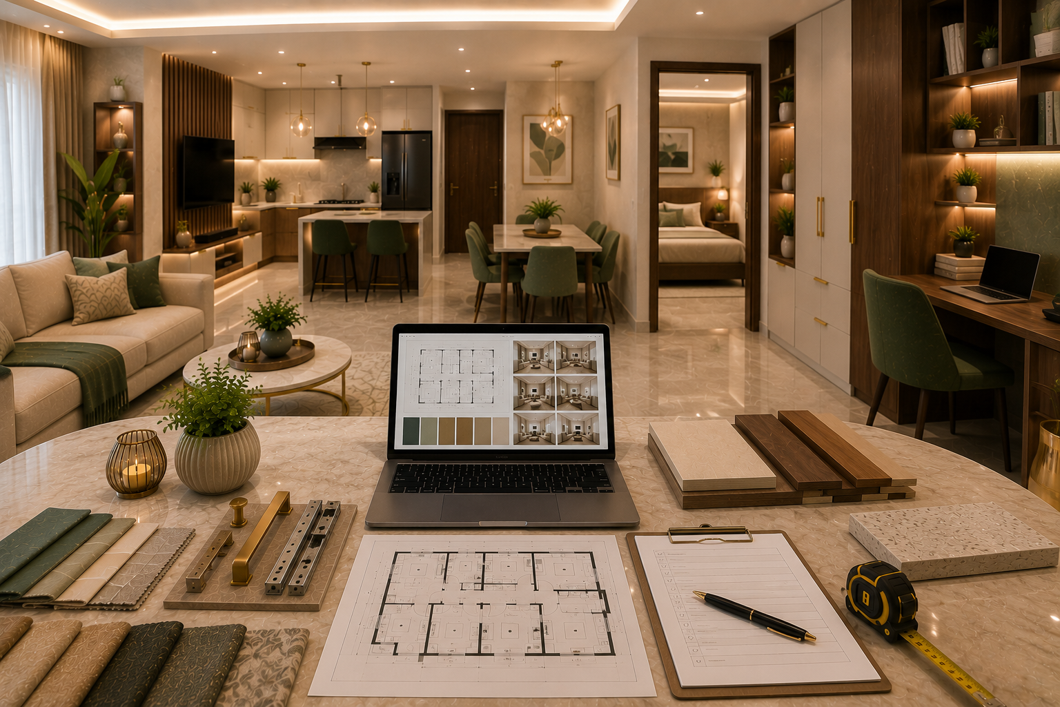Room-wise AI interior planning scene with living room TV unit modular kitchen dining corner bedroom doorway wardrobe compact study corner floor plan laptop material samples and checklist