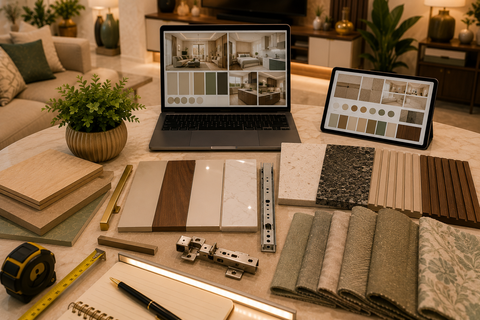 AI-assisted interior material shortlisting mood board with laptop tablet plywood HDHMR MDF ivory laminate walnut laminate acrylic PU veneer quartz granite fluted panel hardware fabrics and LED profile light