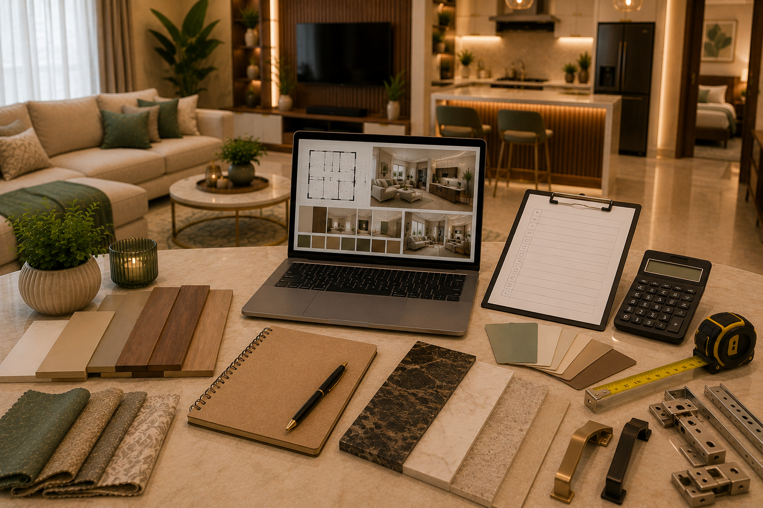 Interior designer consultation preparation scene with laptop notebook checklist clipboard question cards floor plan calculator measuring tape material samples laminate swatches hardware samples and fabric swatches