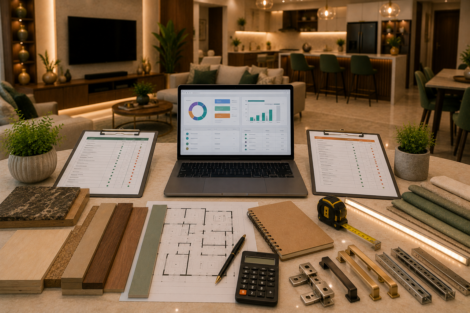 AI quotation checker scene with two quotation checklists laptop showing abstract quotation analysis calculator floor plan material samples plywood laminate swatches hardware samples countertop sample and lighting sample