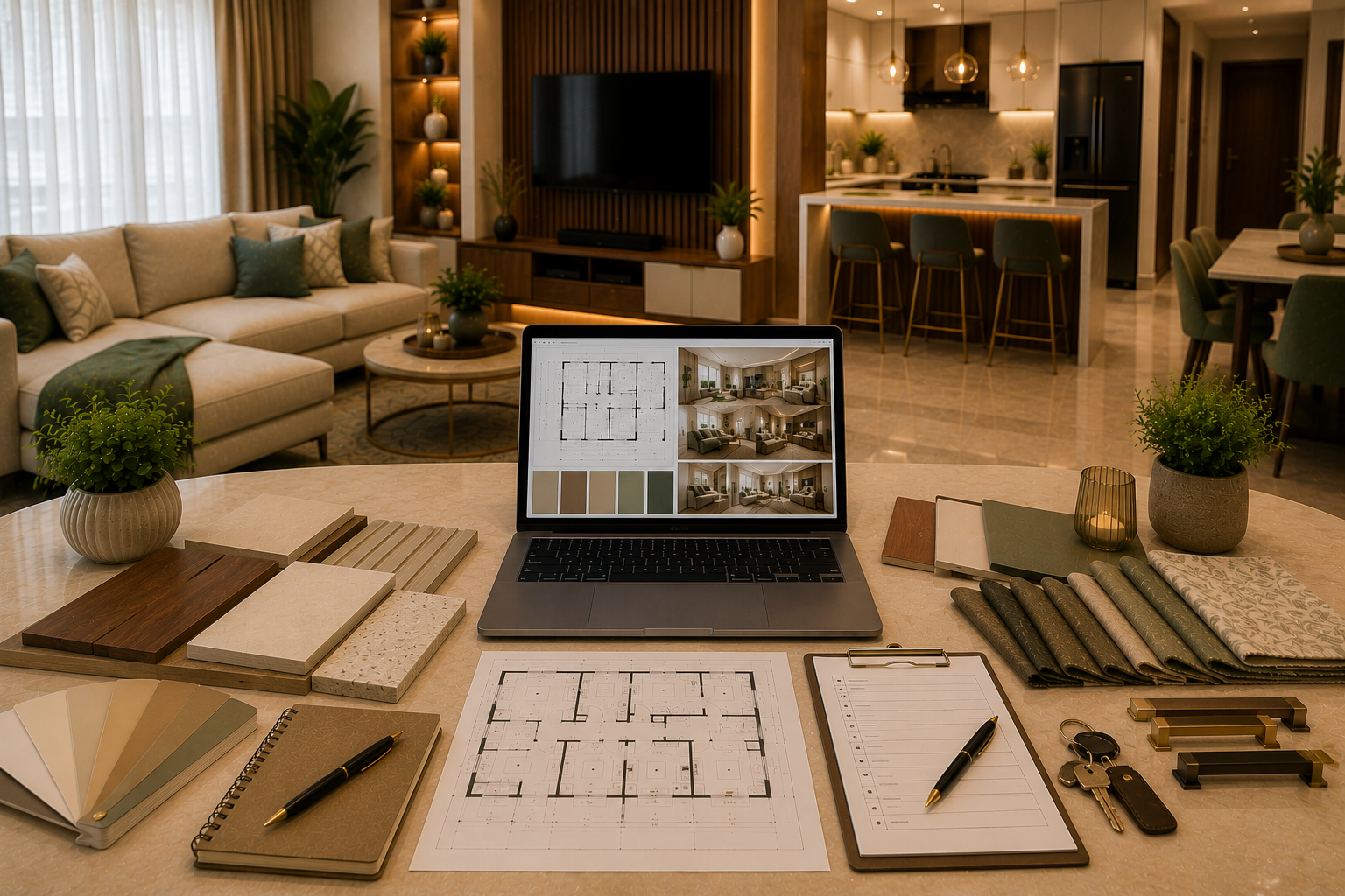 Final AI-assisted home planning scene with completed apartment living room laptop abstract AI planning interface floor plan material samples colour swatches checklist keys notebook and pen