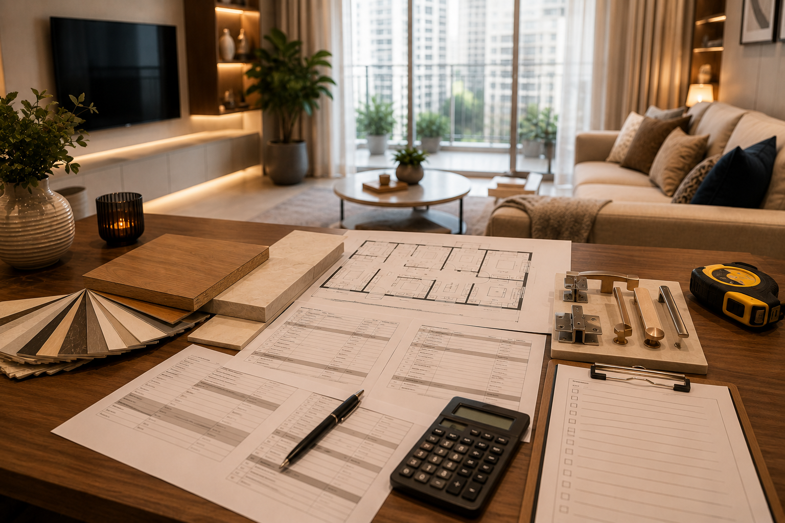 Interior designer quotation comparison scene with floor plan material samples hardware samples and checklist for homeowners in Andheri West Mumbai