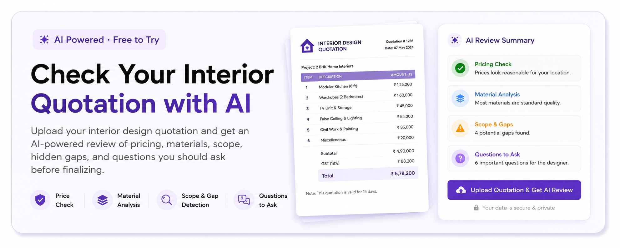 AI interior quotation checker for materials pricing scope and hidden gaps