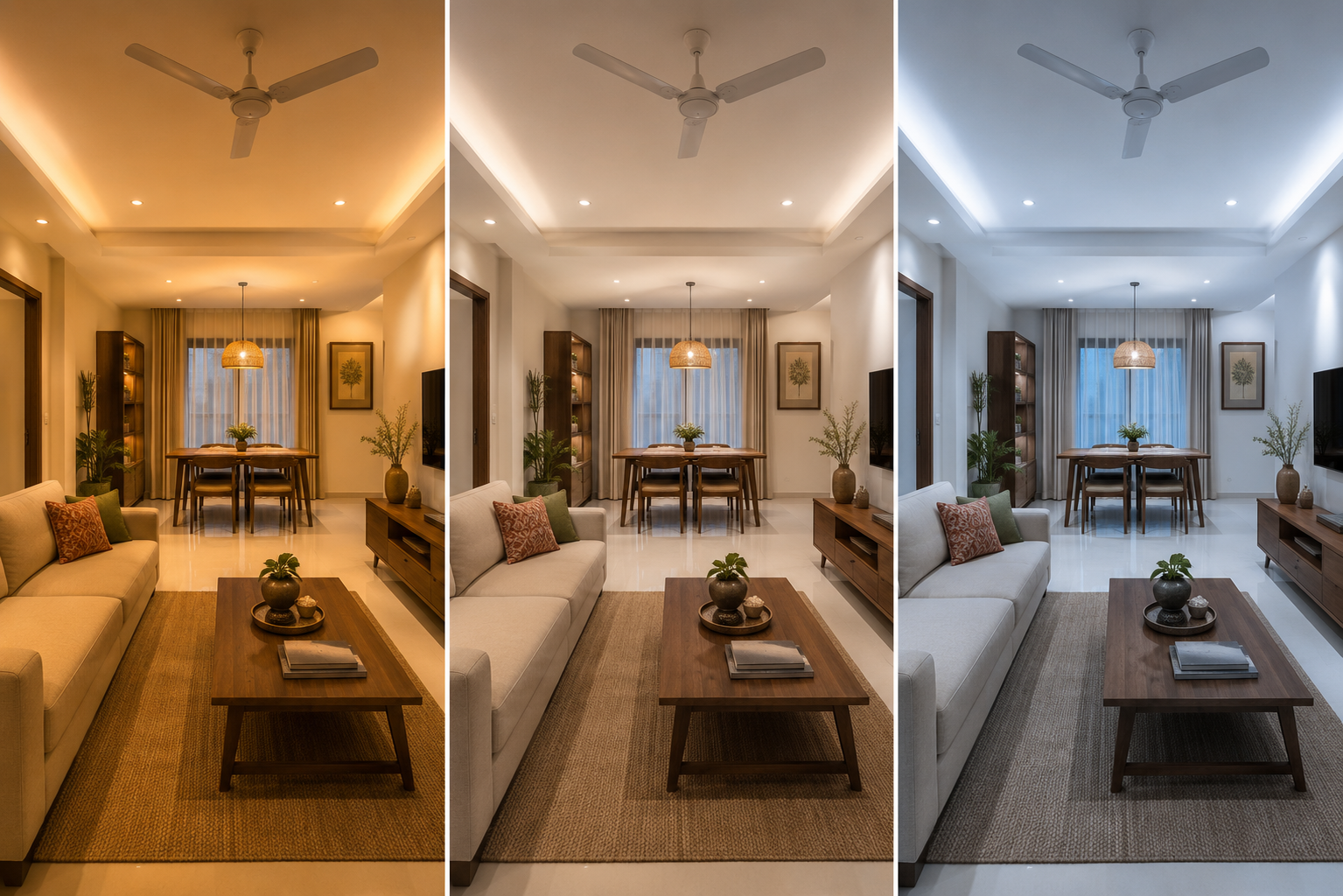 Comparison of the same Indian living room under warm, neutral and cool lighting temperatures