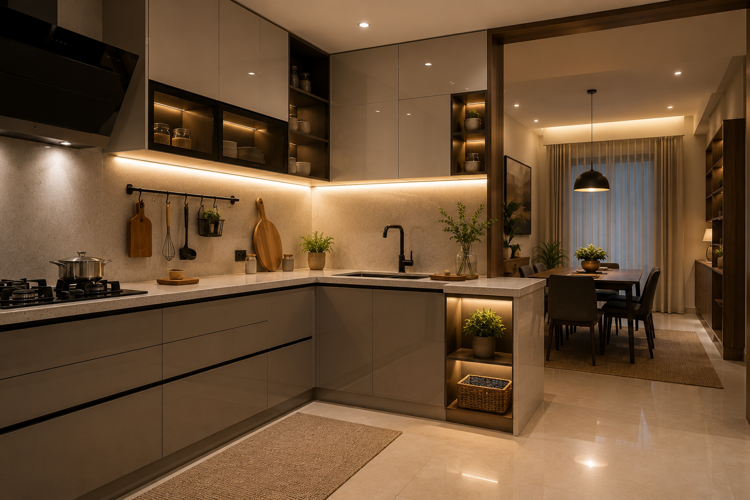 Modern modular kitchen with under-cabinet task lighting and a softly illuminated dining area