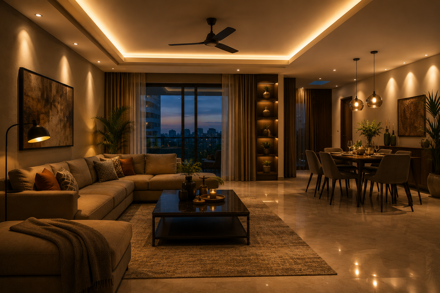 Modern living and dining room using layered ceiling lights, wall lighting, a reading lamp and dining pendant