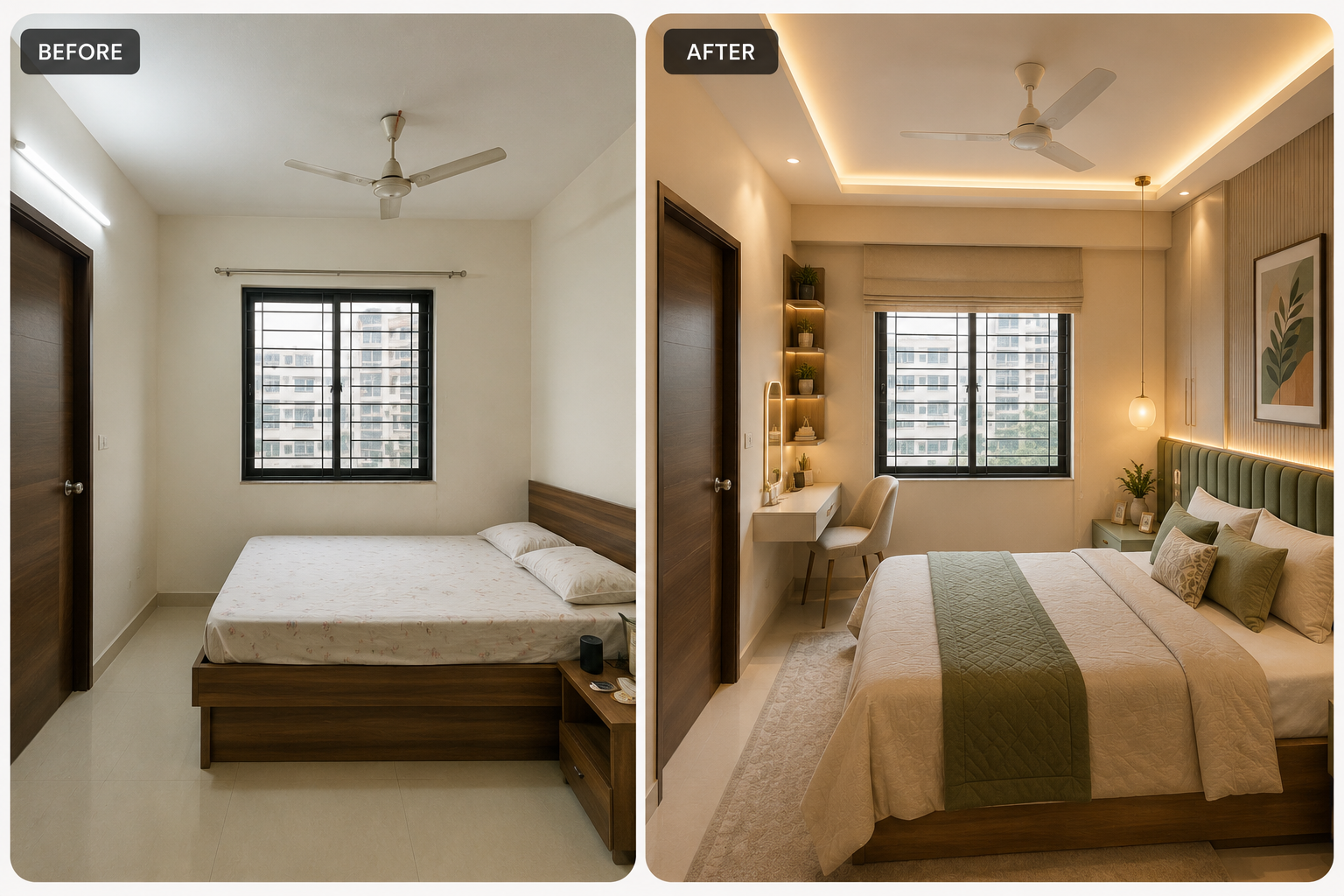 Before and after bedroom planning comparison with fixed doors and windows
