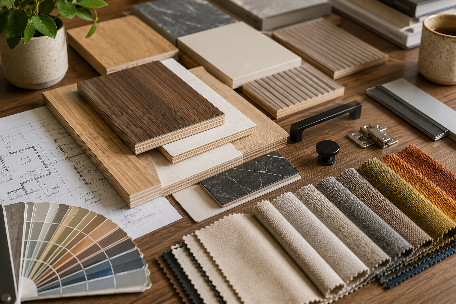 Interior material samples including laminate veneer plywood and hardware