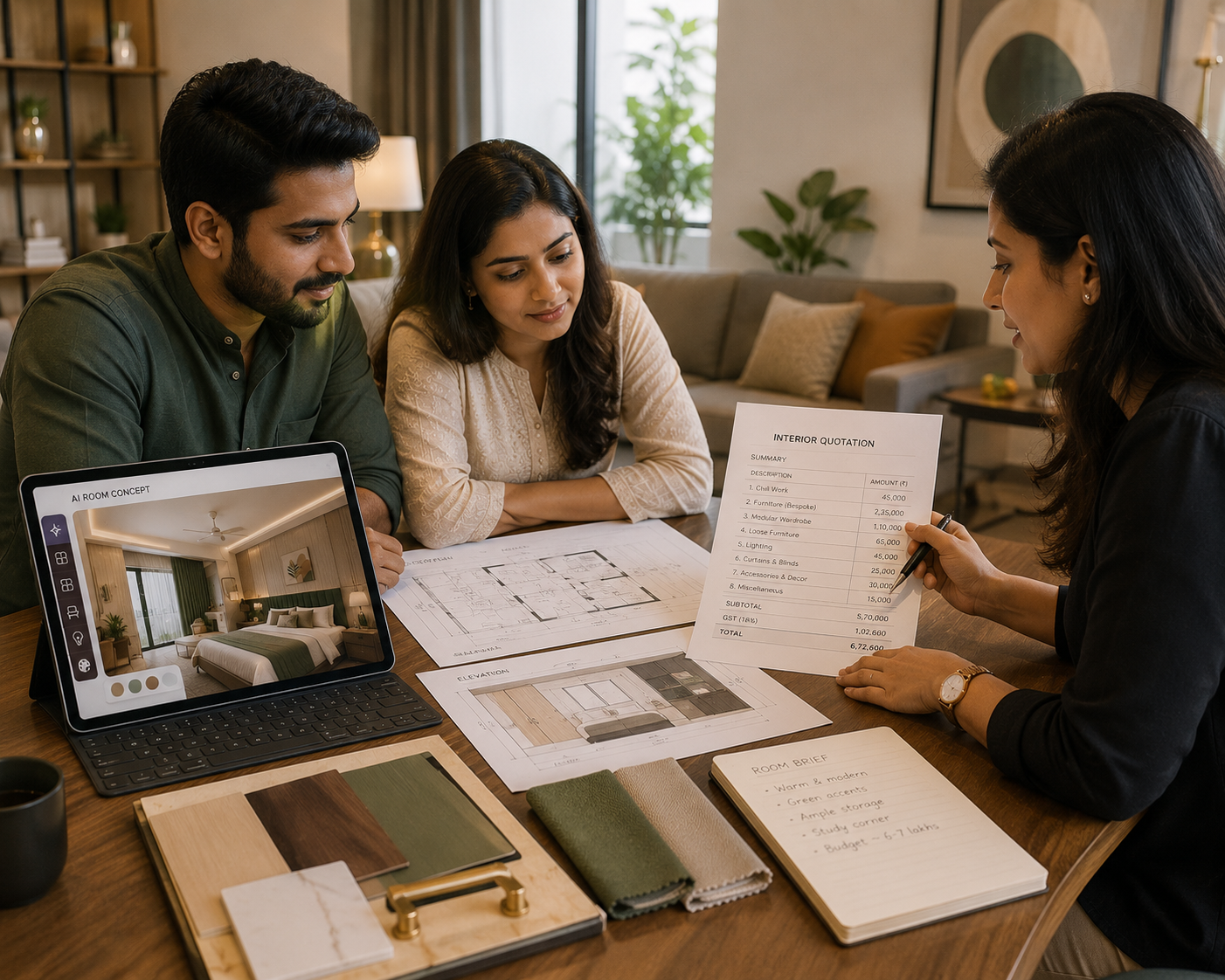 Homeowner reviewing interior design brief and quotation with a designer