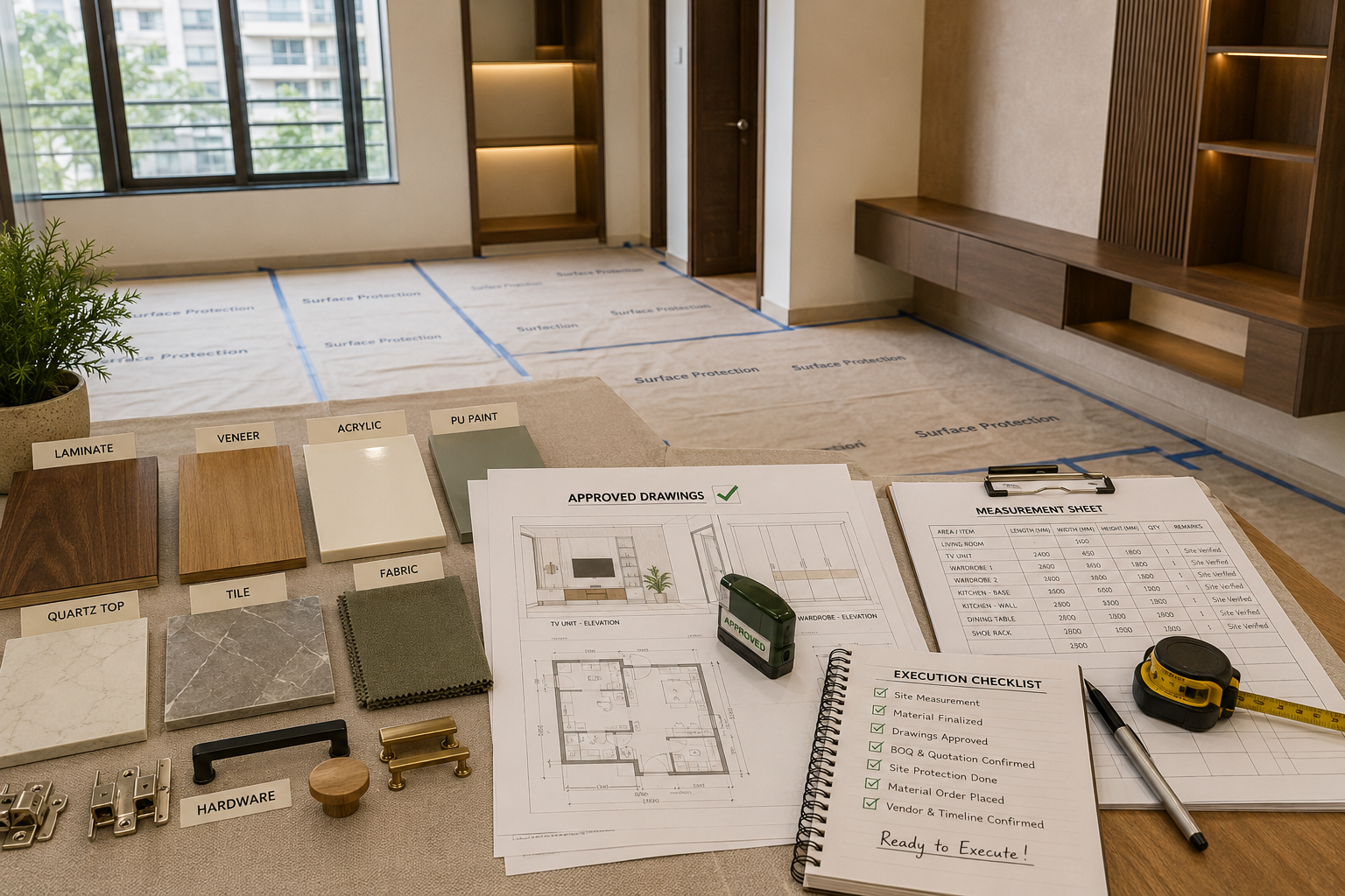 Interior project preparation with drawings material samples and protective covering