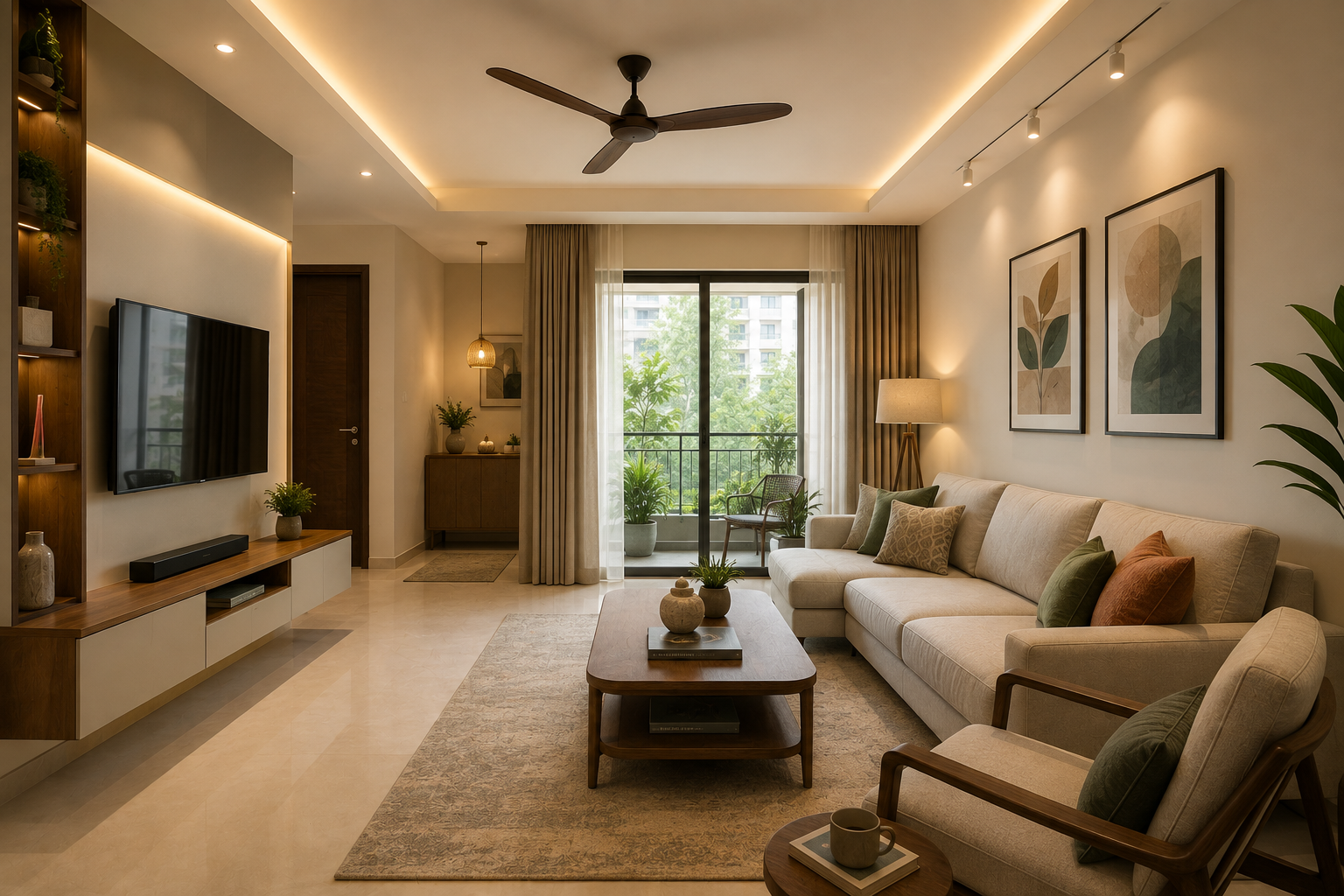 Practical Indian living room showing the complete layout and a clear circulation path