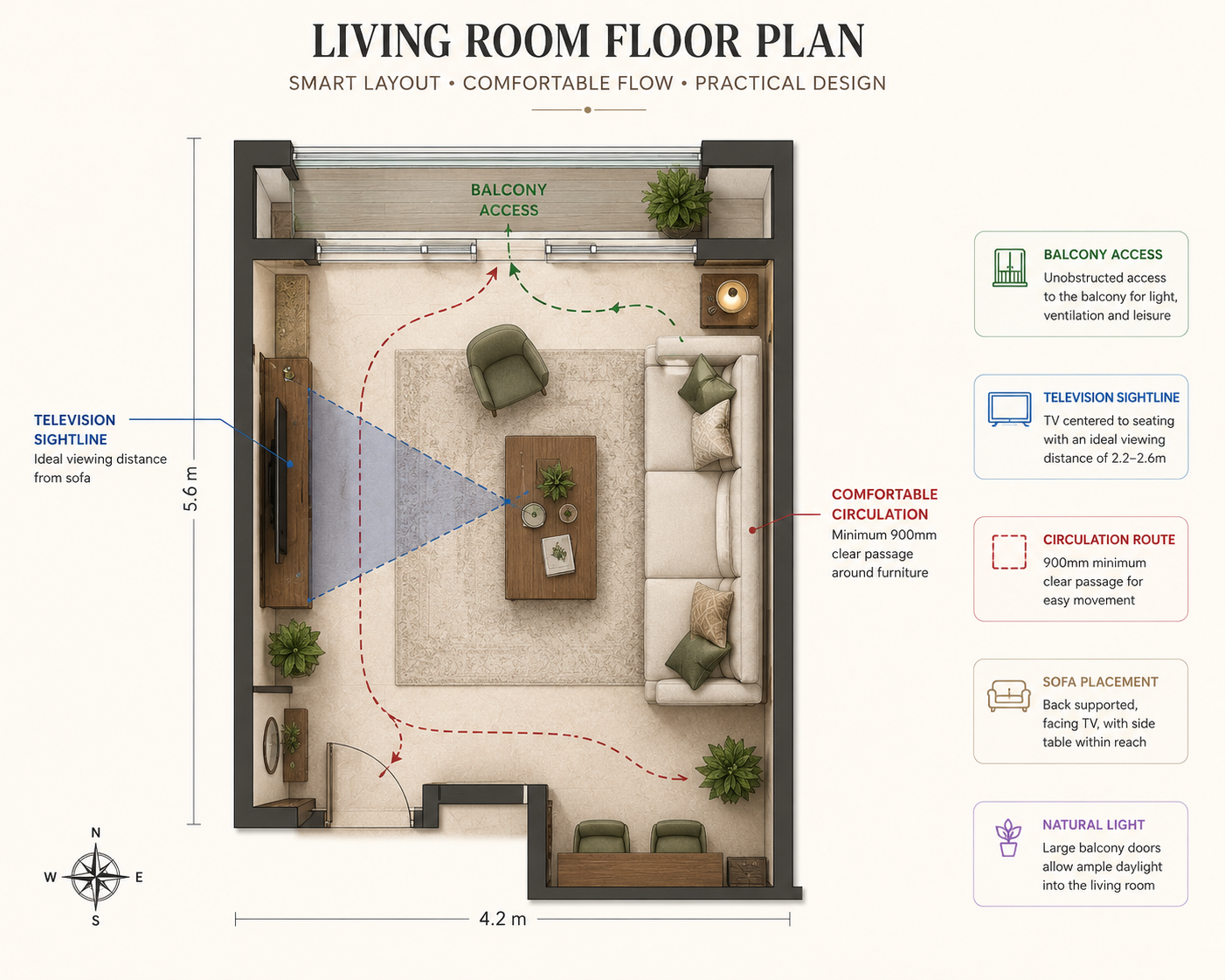 Annotated floor plan showing sofa placement, television sightline, balcony access, and a comfortable circulation route