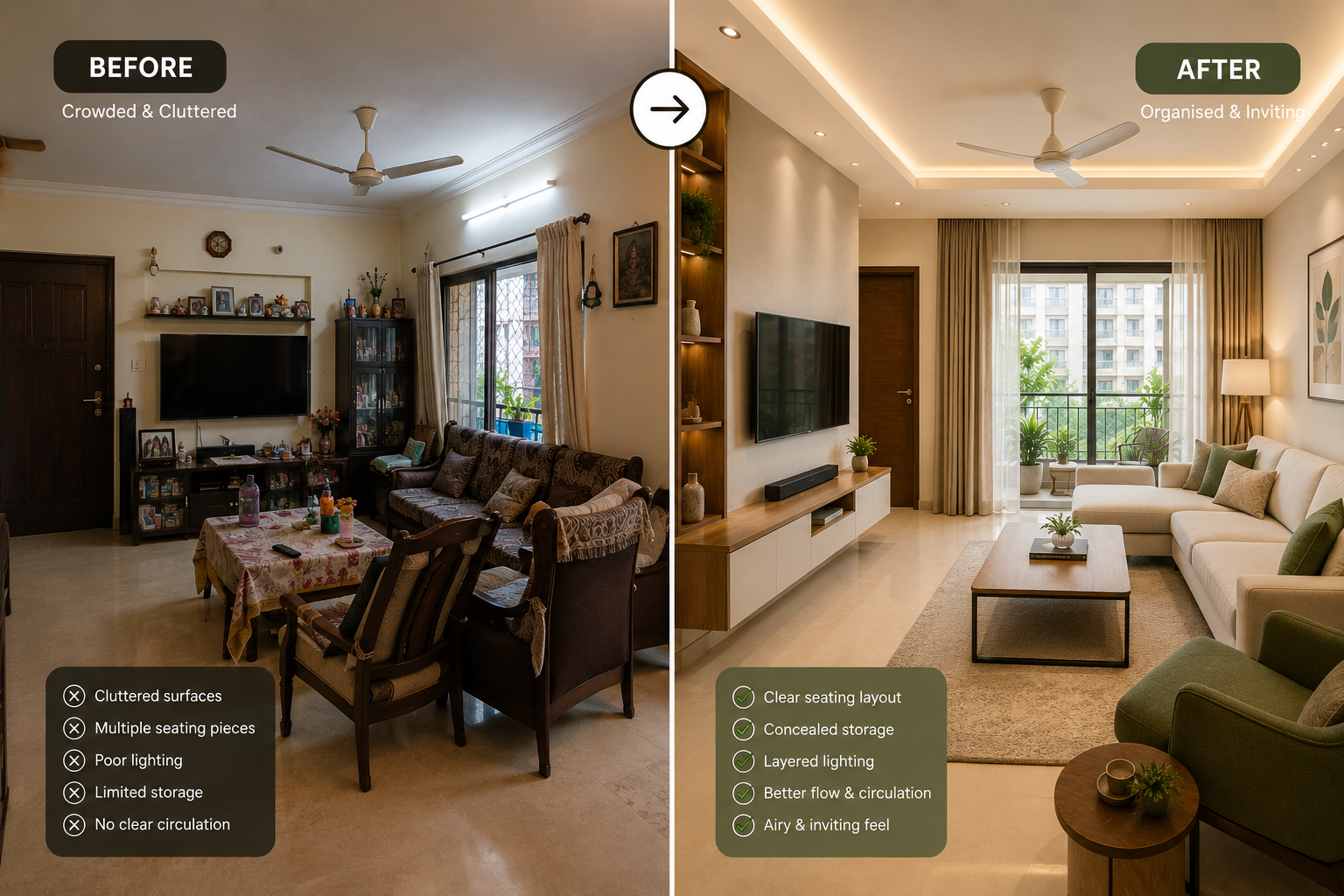 Before-and-after comparison of a crowded living room reorganised with clearer seating, concealed storage, and improved lighting