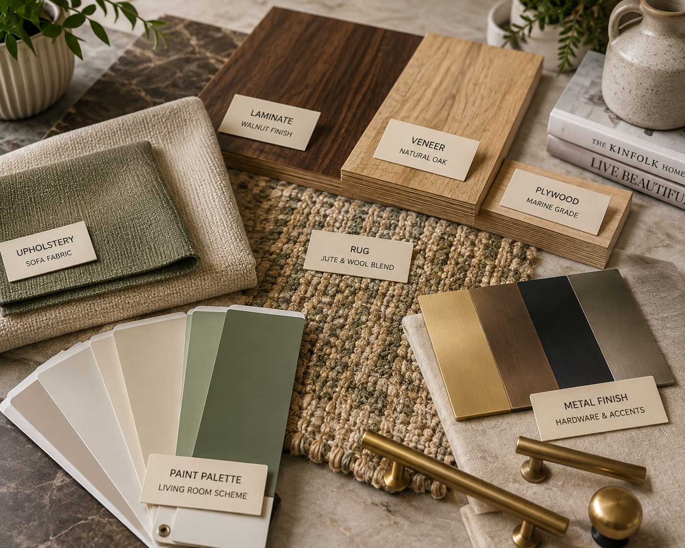Close-up of living room material samples including laminate
