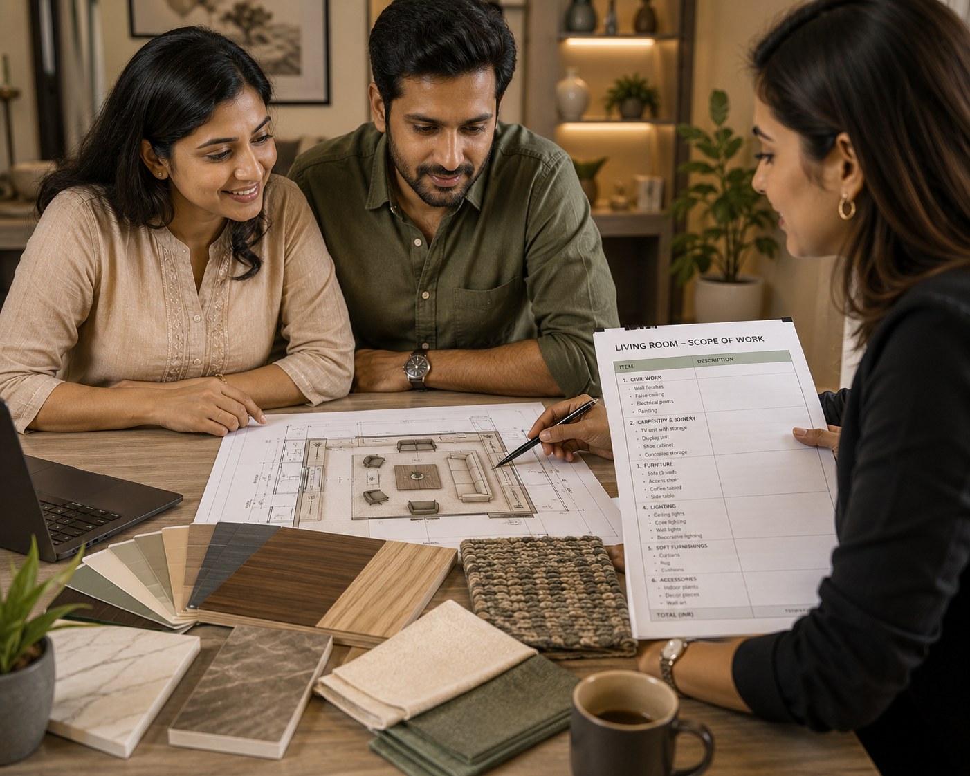 Homeowner and interior designer reviewing a living room plan