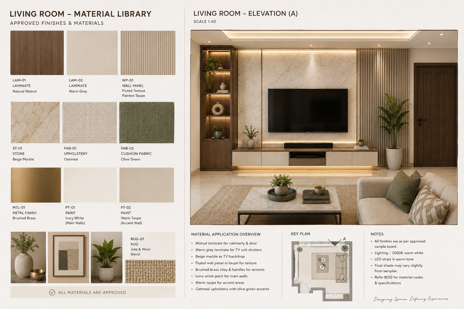 Material library or sample board beside a living room elevation