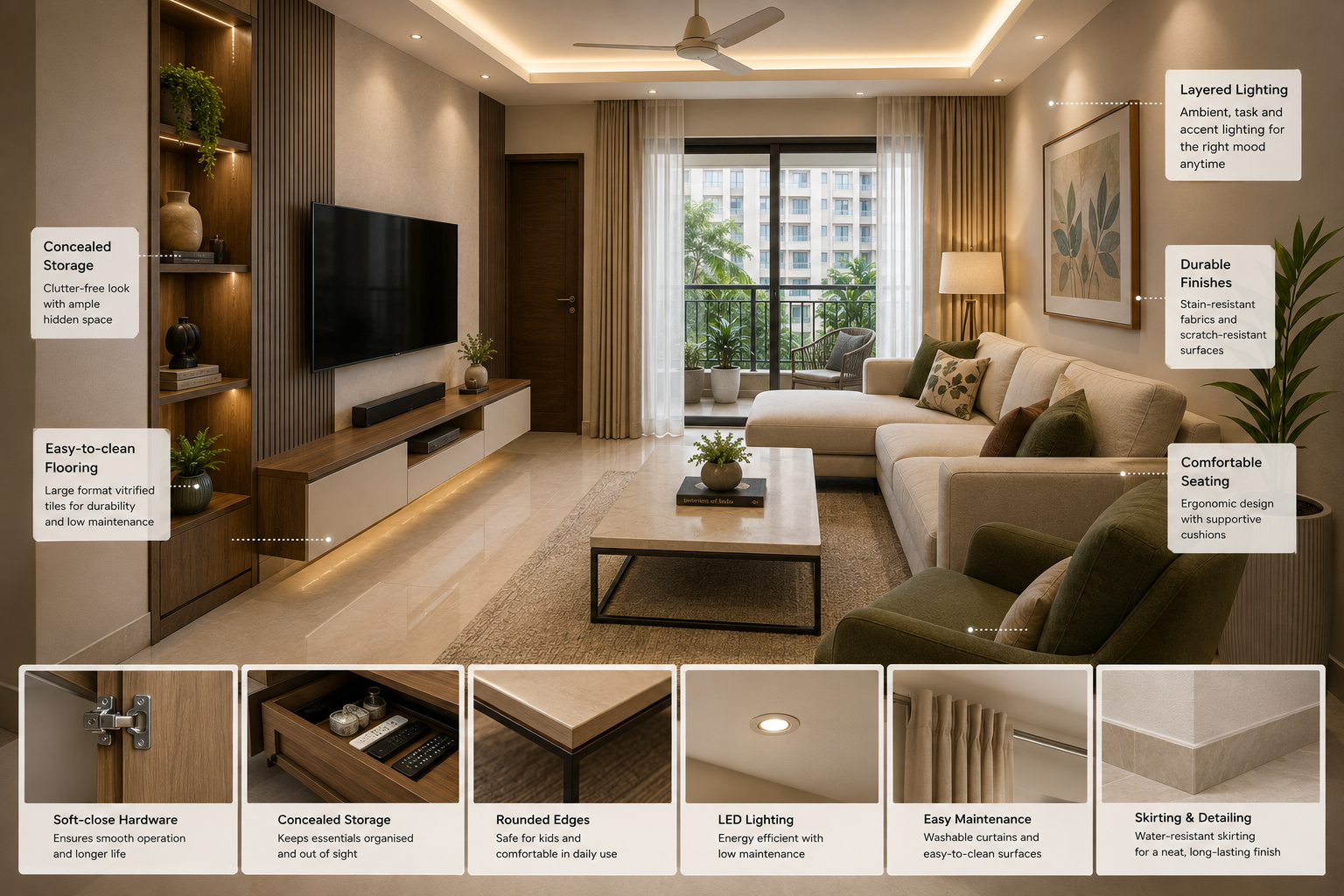 Completed Indian living room with comfortable seating