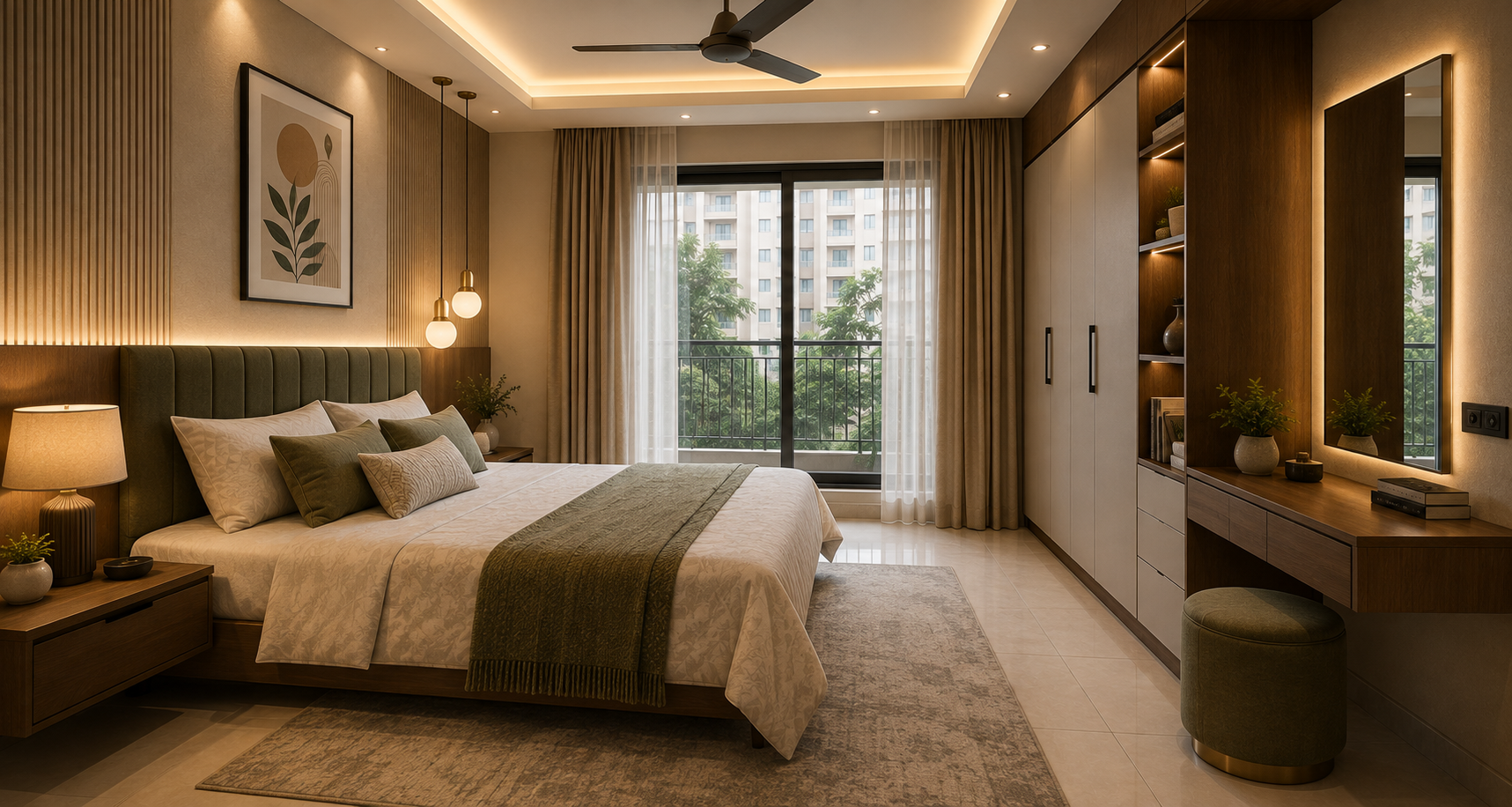 Wide hero inspiration image of a calm Indian bedroom with a compact dressing area