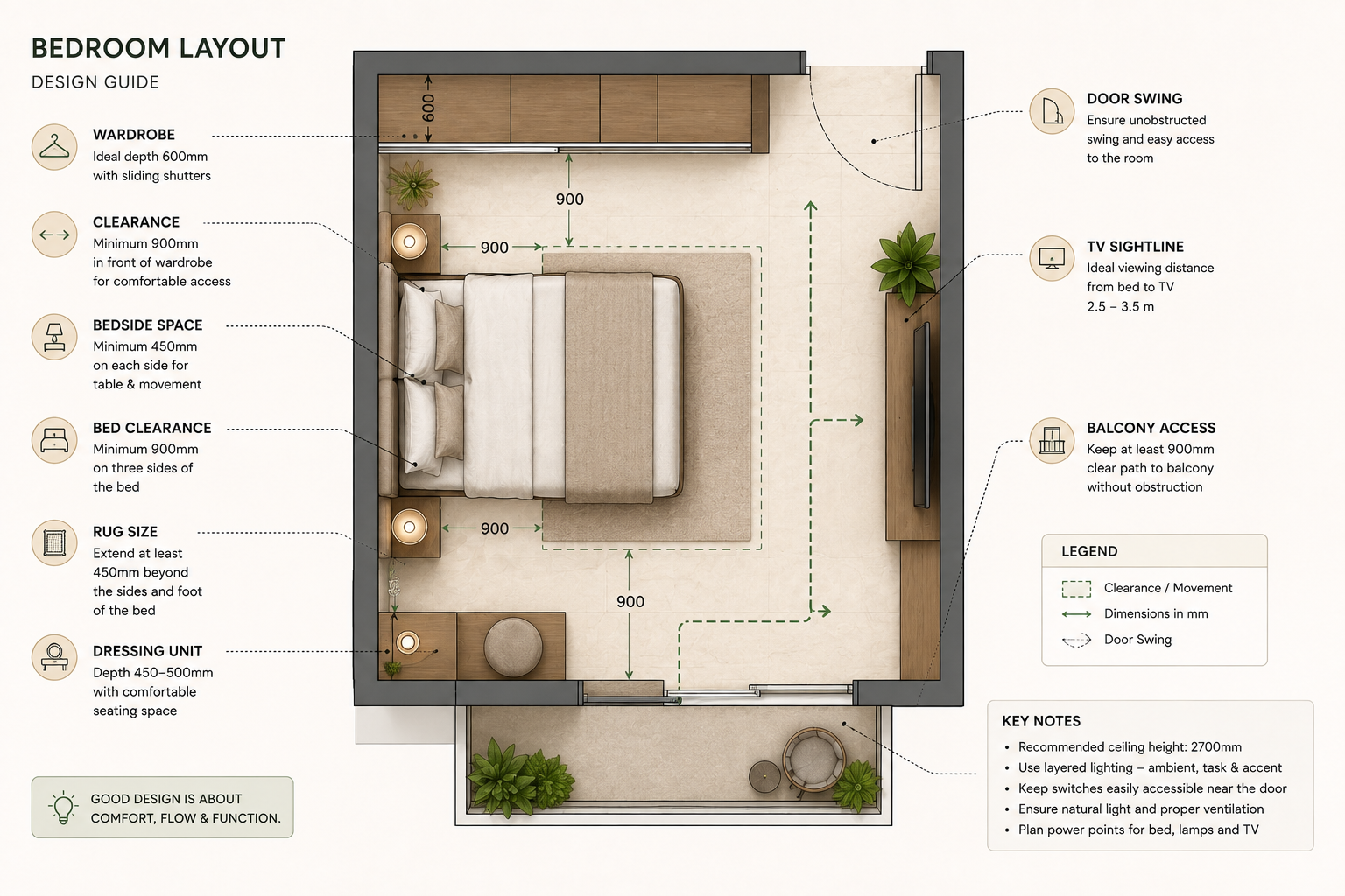 Annotated bedroom floor plan illustration showing bed clearances, wardrobe depth, door swing and circulation paths