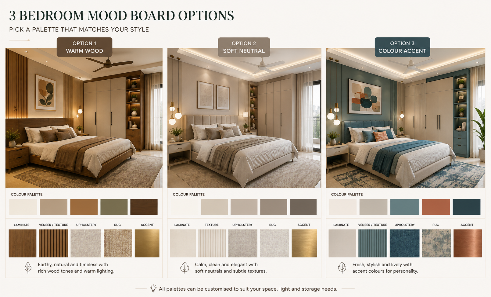 Three bedroom mood board options comparing warm wood, soft neutral and colour accent palettes