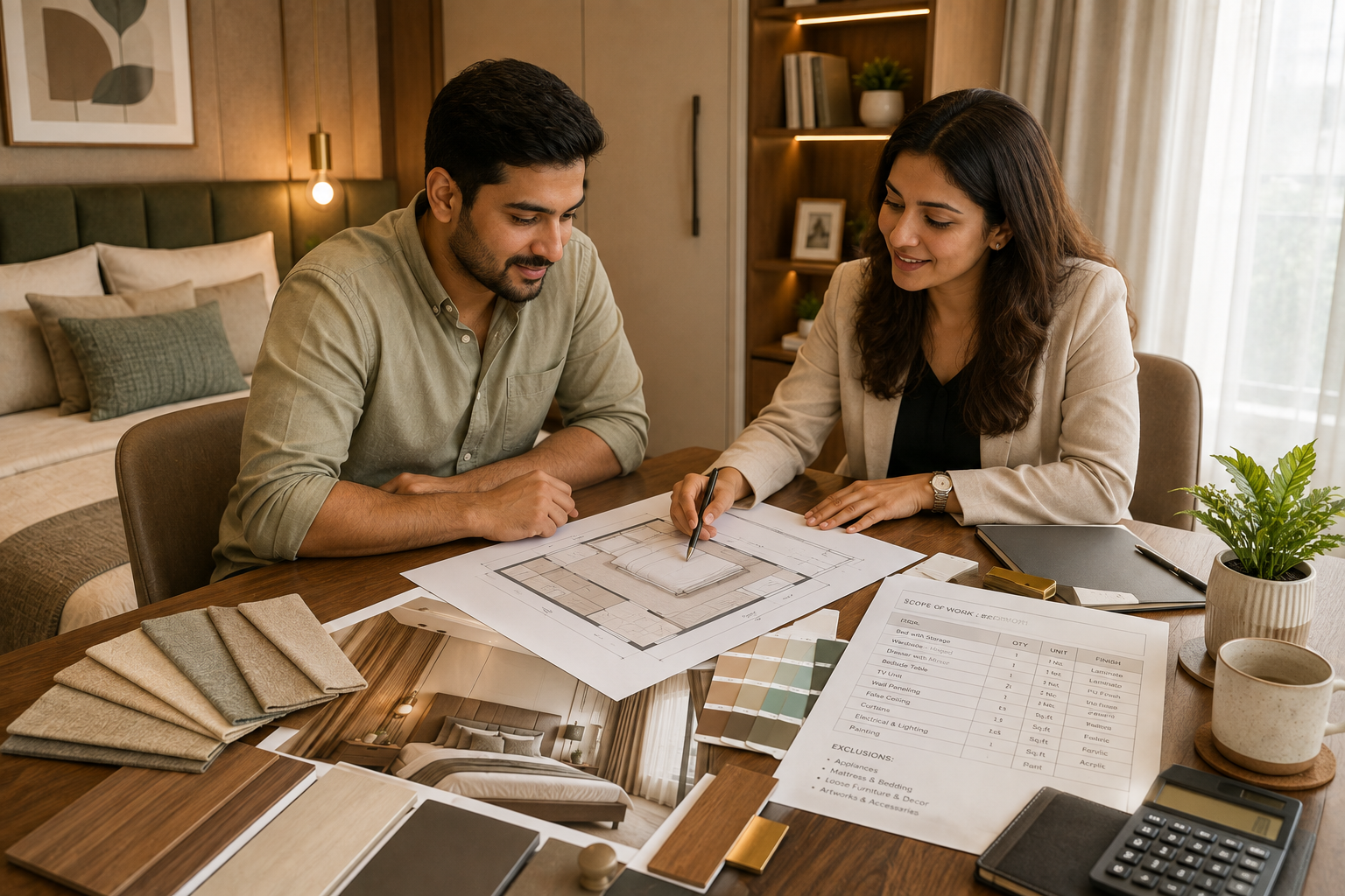 Homeowner and interior designer reviewing bedroom drawings, finish samples and a measured plan