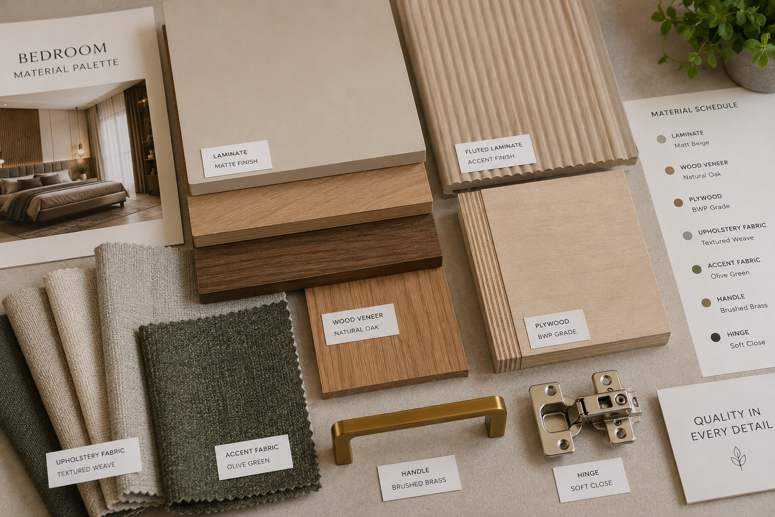Close-up of bedroom material samples including laminate, veneer, plywood edge, fabric, handle and soft-close hinge