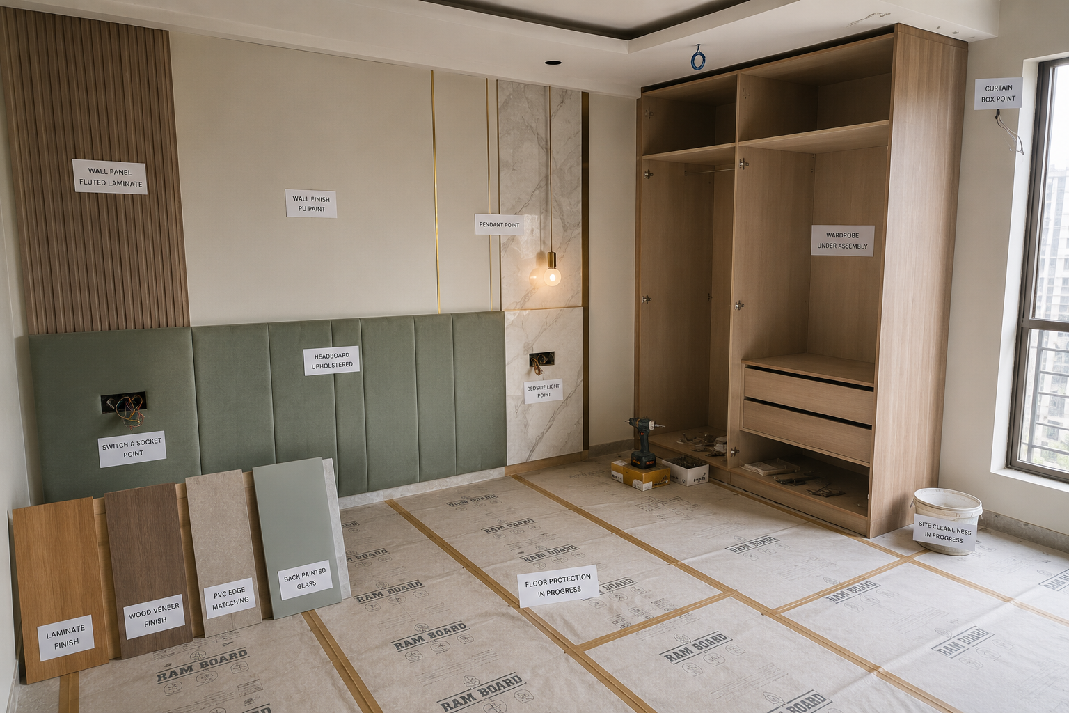 Bedroom execution site with protected flooring, labelled material panels, installed wiring points and wardrobe under assembly
