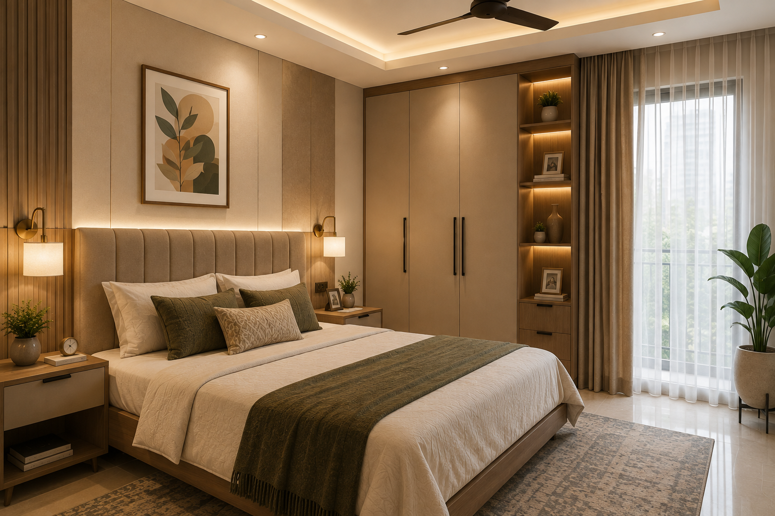 Completed Indian bedroom with balanced bedside lighting, organised wardrobe storage, breathable curtains and uncluttered surfaces