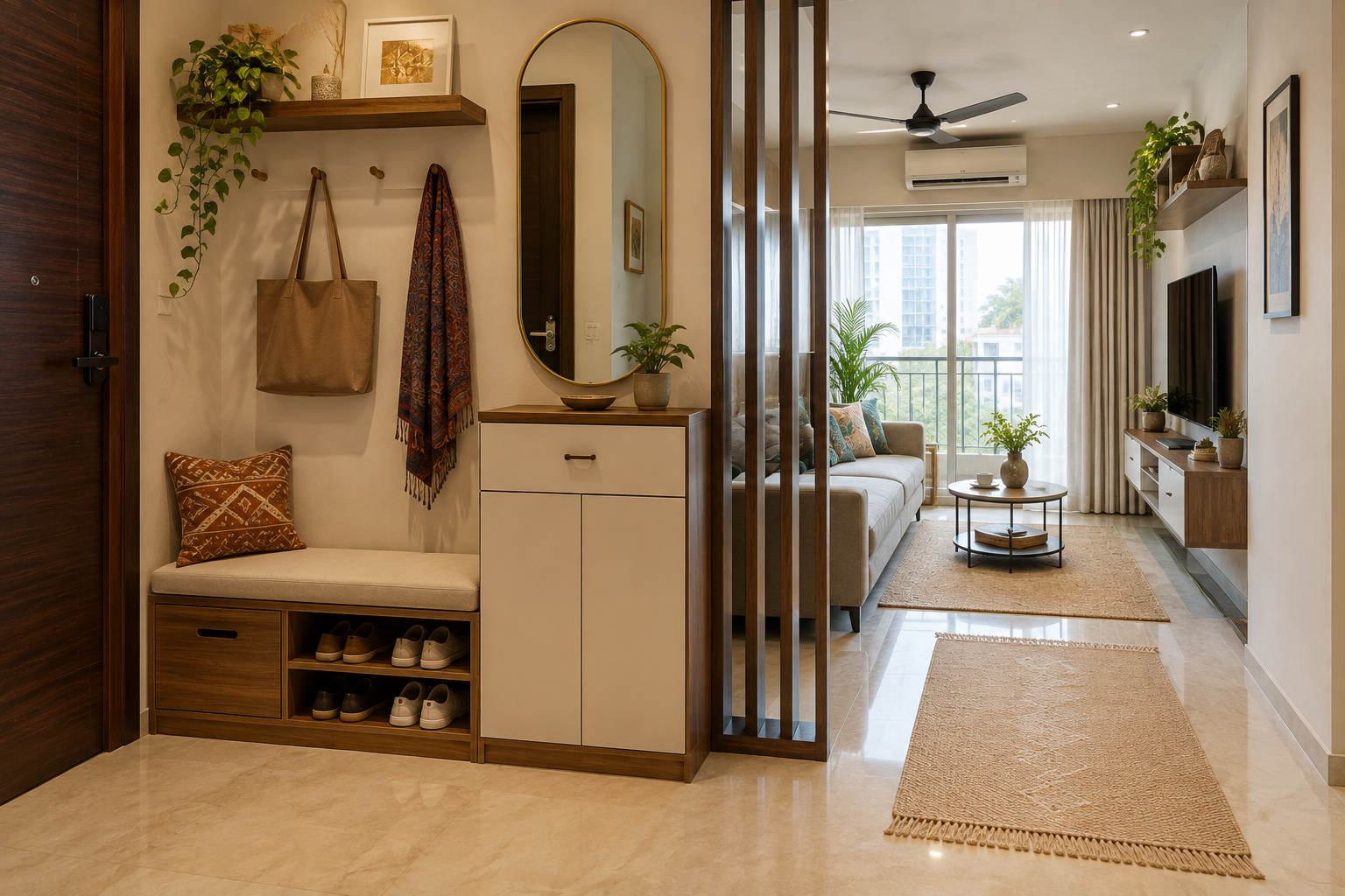 Modern Indian apartment foyer with space-saving storage leading into a compact living room