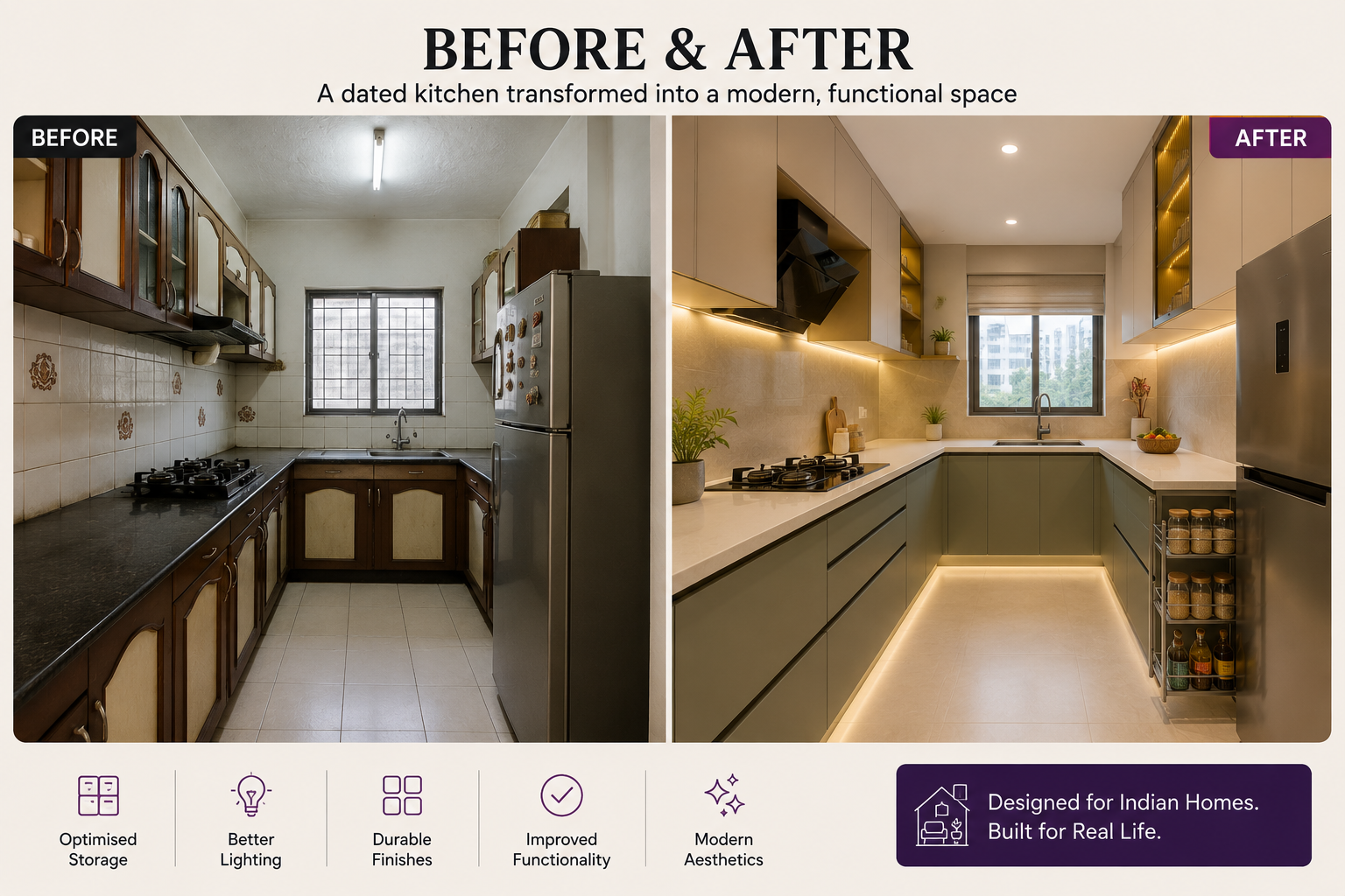 Before and after Indian apartment kitchen renovation with improved storage, lighting and durable finishes