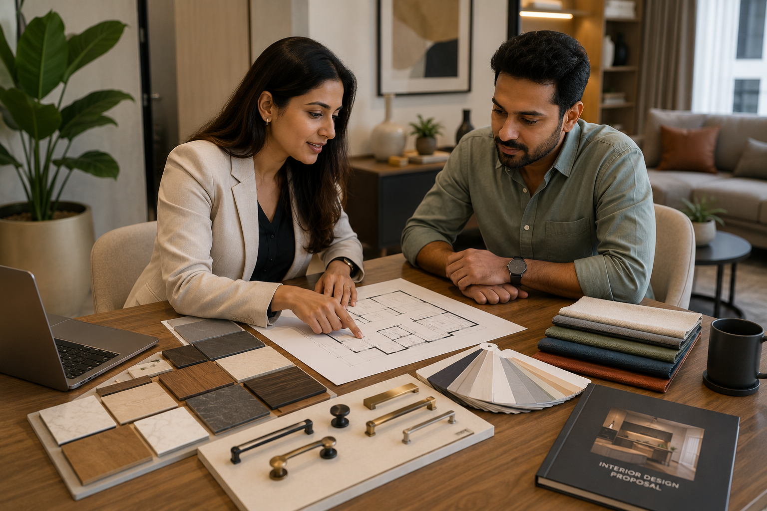 Interior designer and Indian homeowner reviewing floor plans, material samples and cabinet hardware