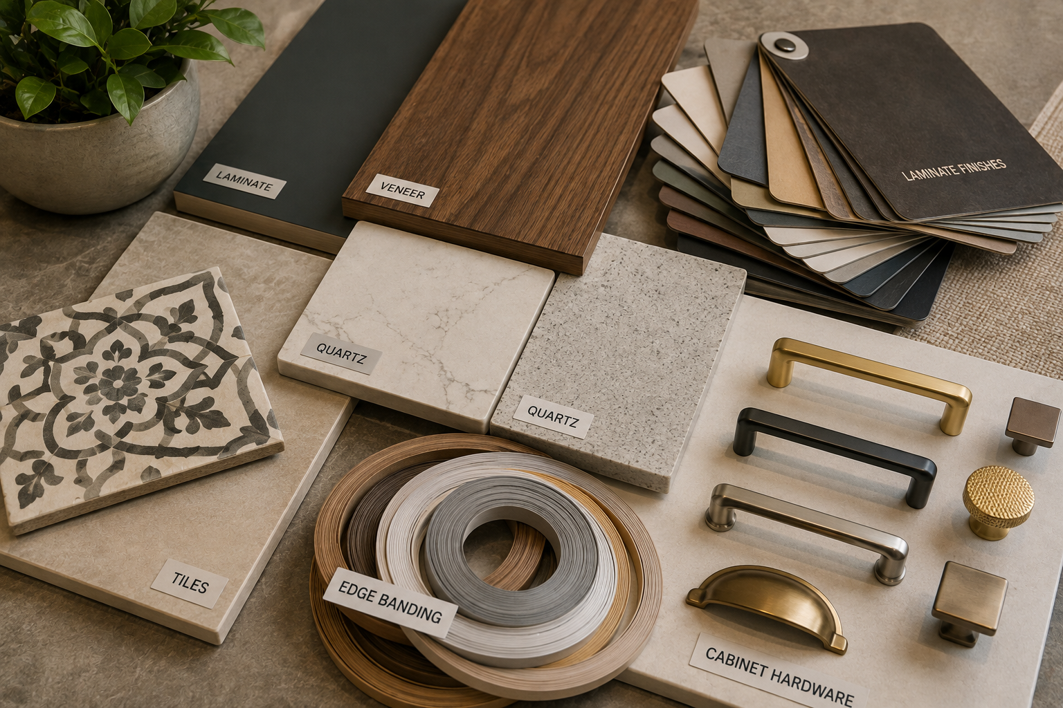 Interior material samples including laminate, veneer, quartz, tiles, edge banding and cabinet hardware in India