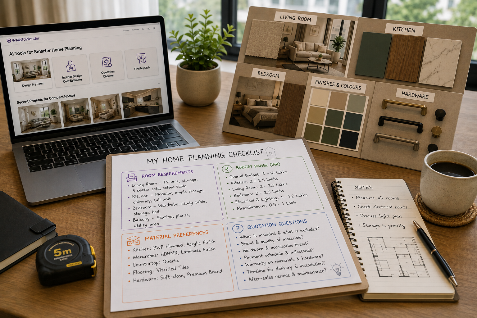 Home interior planning workspace with room requirements, budget, material samples and quotation checklist