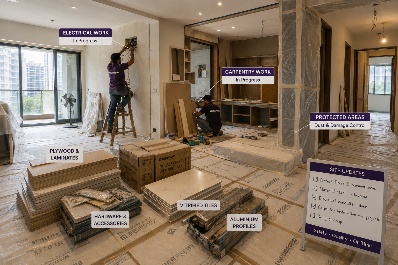Indian apartment interior renovation site with protected flooring, organised materials, electrical and carpentry work