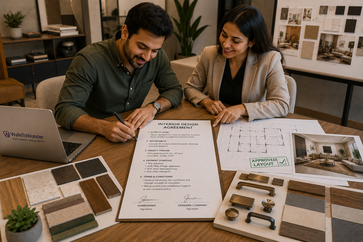Indian homeowner and interior designer signing an agreement with approved drawings and material samples