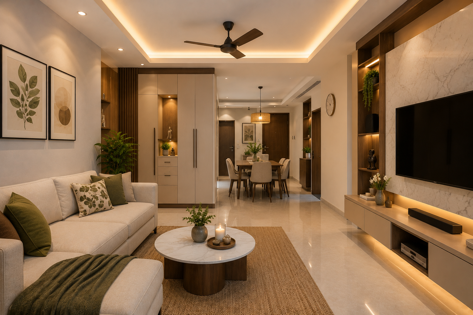 Completed modern Indian home interior with functional living room, concealed storage and layered lighting
