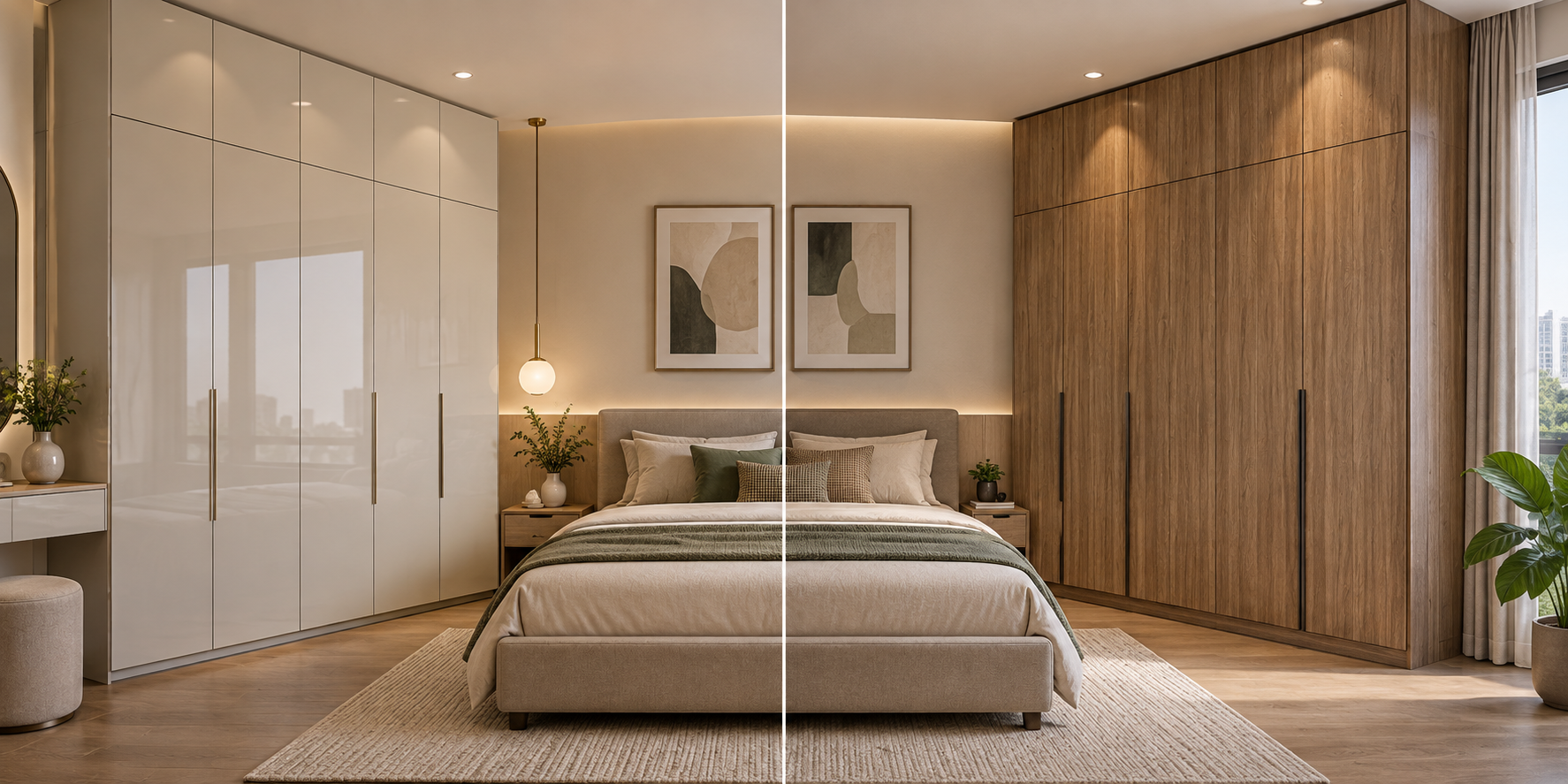 Contemporary Indian bedroom comparing a smooth PU painted wardrobe with a textured laminate wardrobe