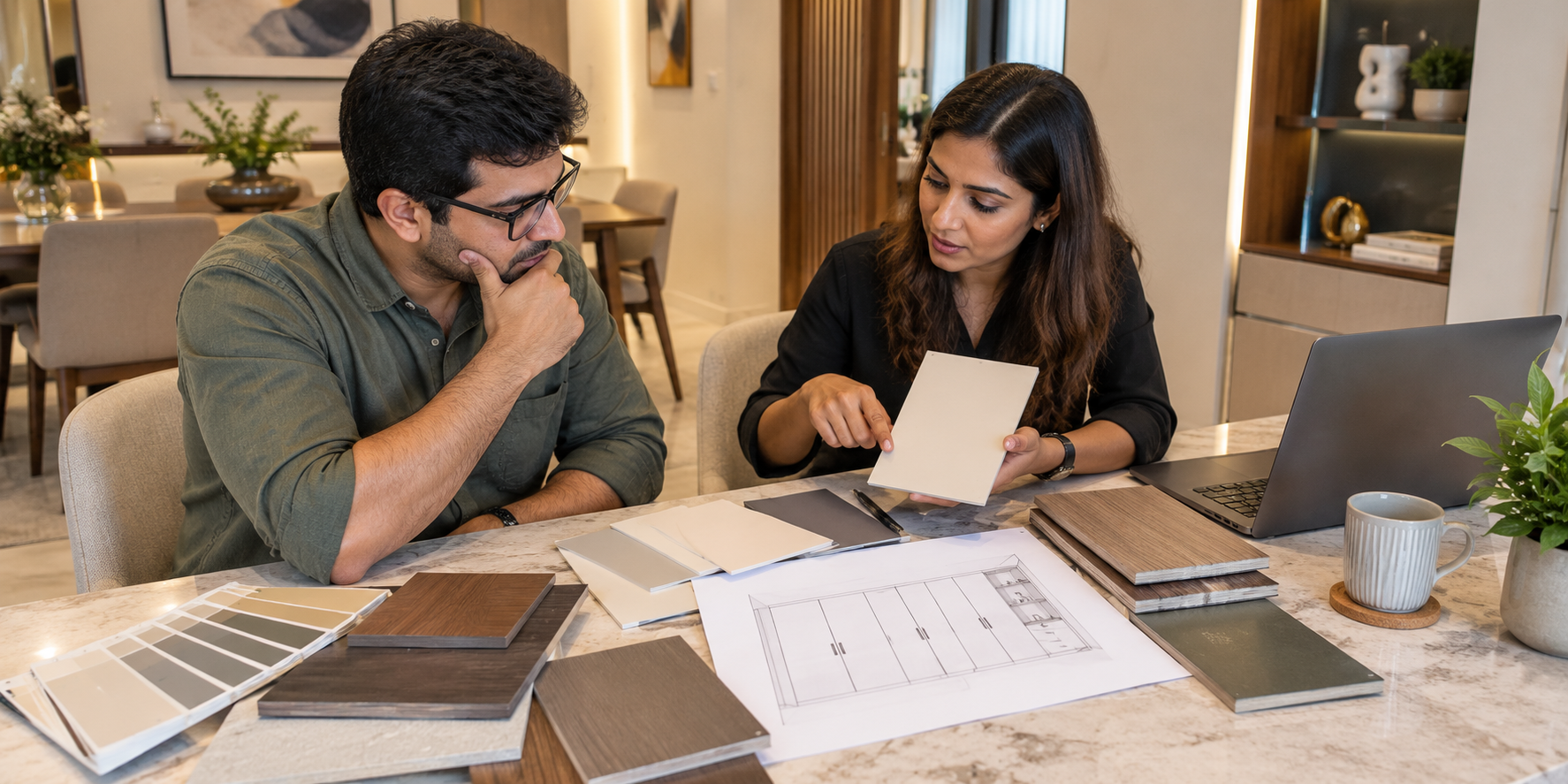 Homeowner and interior designer comparing PU colour cards, laminate samples and wardrobe drawings