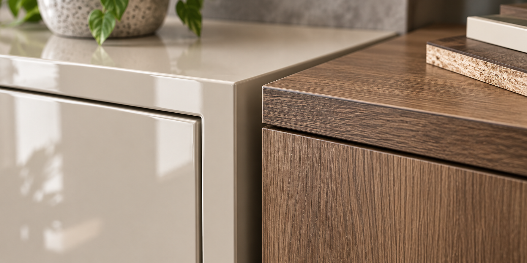 Close-up comparison of PU painted surface and laminate showing sheen, edges and finishing details