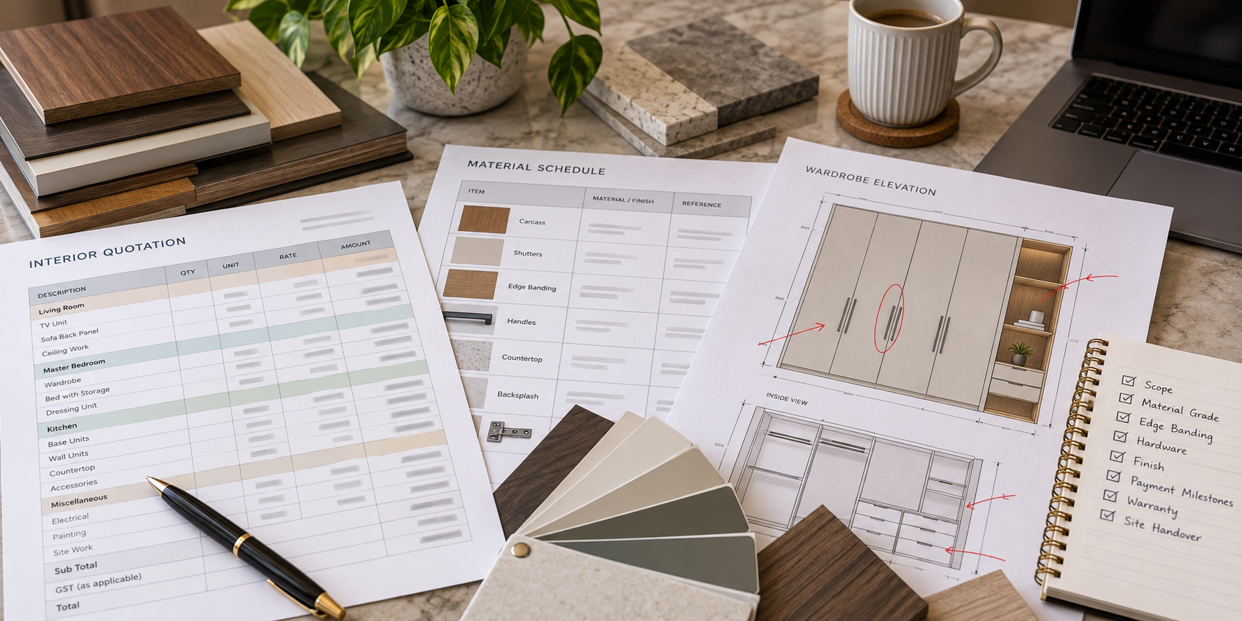 Interior quotation, material schedule and wardrobe elevation used to compare finish specifications and costs
