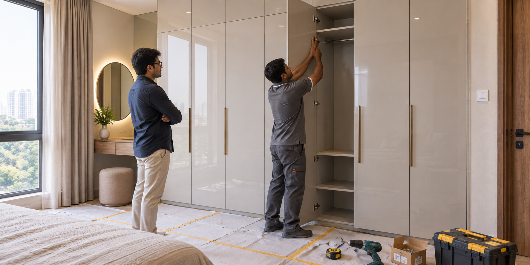 Wardrobe installer fitting shutters while a homeowner checks door alignment and finishing in an Indian apartment